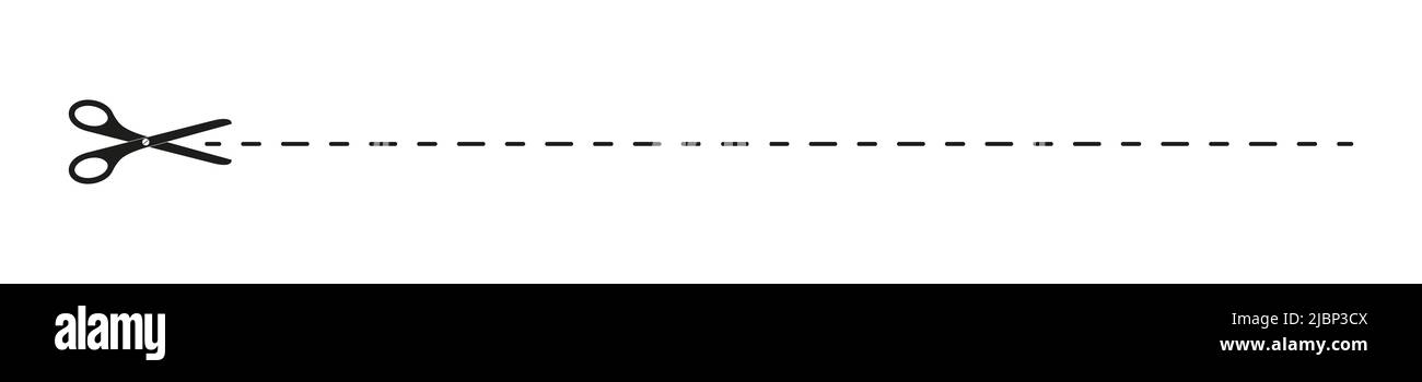Scheren-Symbol mit gepunkteter Linie hier schneiden. Grafisches Piktogramm für Coupon, Gutschein, Stoffaufkleber, Lotterie, Ticket, Papierseite. Einfache Vektordarstellung auf weißem Hintergrund isoliert Stock Vektor