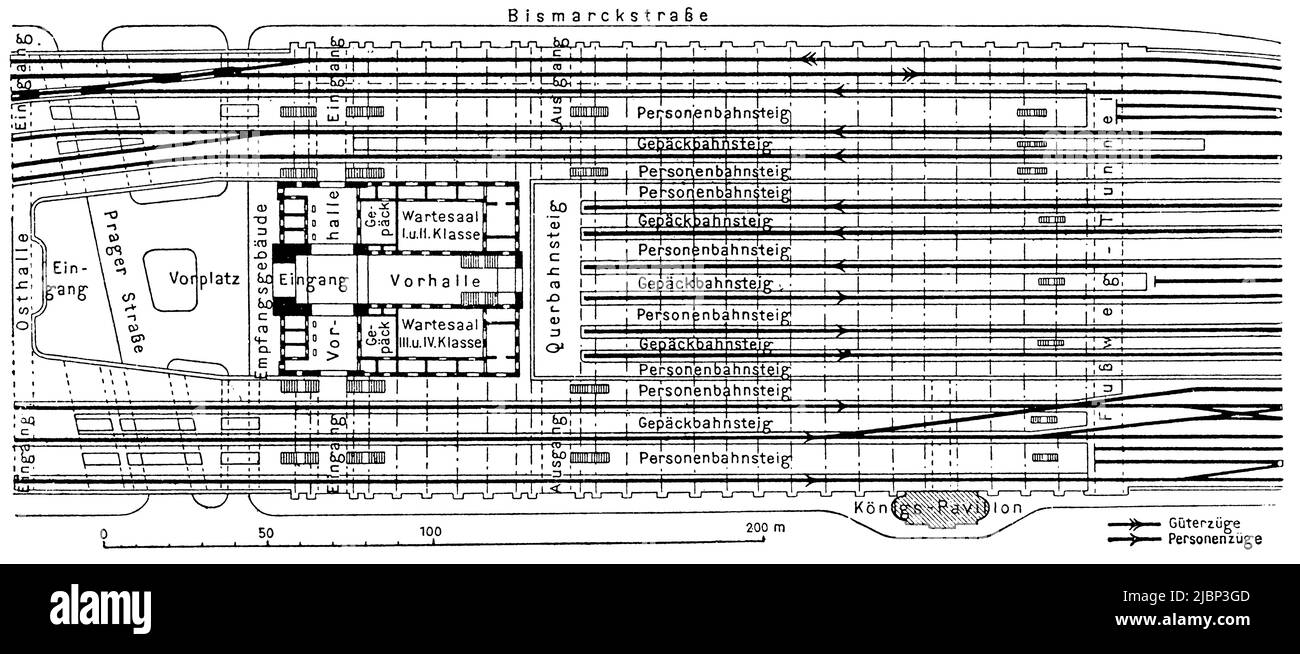 Passagierbahnhof in Dresden-Altstadt (1897). Grundriß auf Plattformhöhe. Veröffentlichung des Buches 'Meyers Konversations-Lexikon', Band 2, Leipzig, Deutschland, 1910 Stockfoto