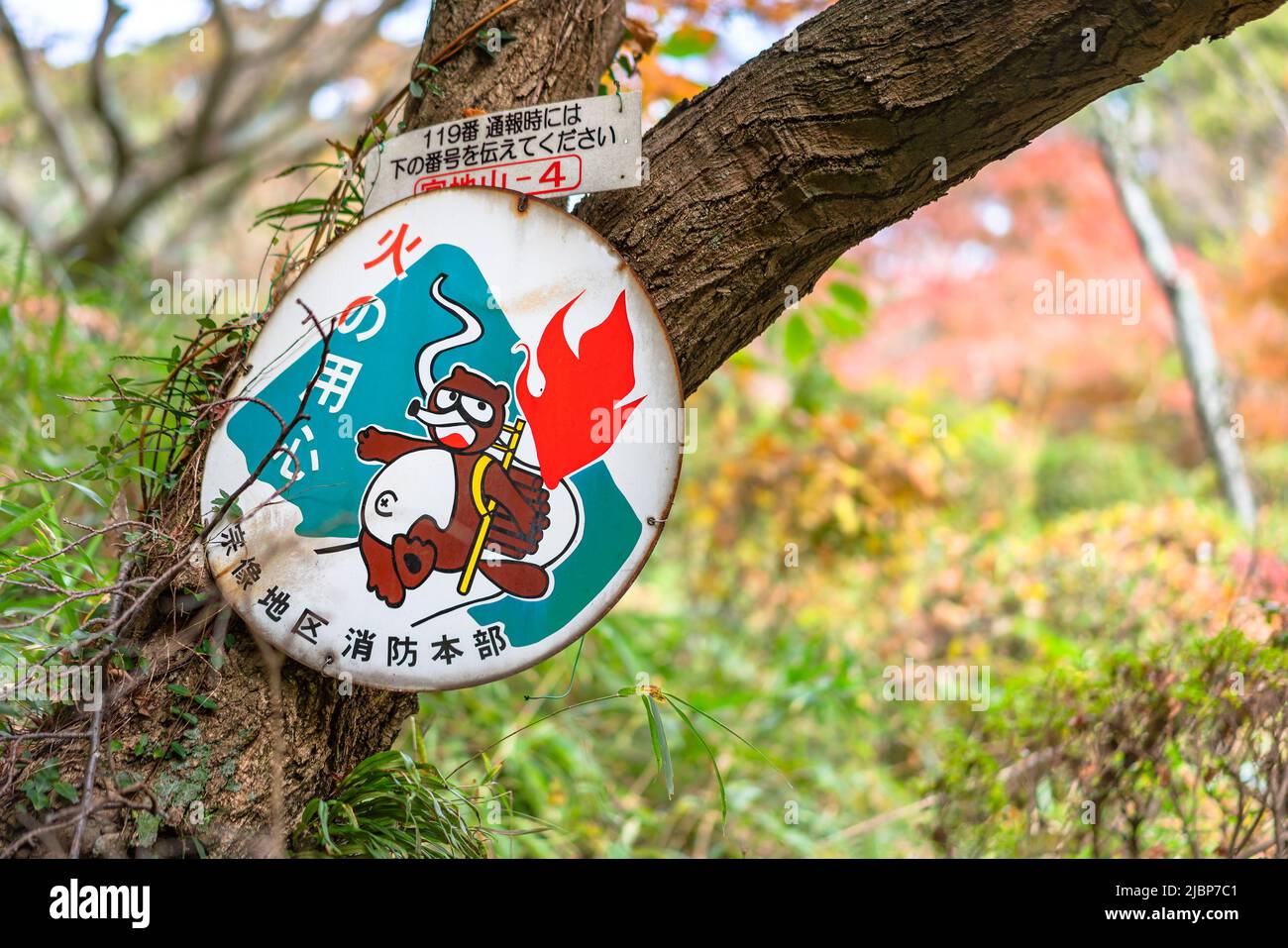 kyushu, japan - dezember 08 2021: Nahaufnahme eines rostigen Metallschildes, das mit einem tanuki-Waschbär-Hund aus dem japanischen Volksmärchen Kachi-kachi Yama pre illustriert ist Stockfoto