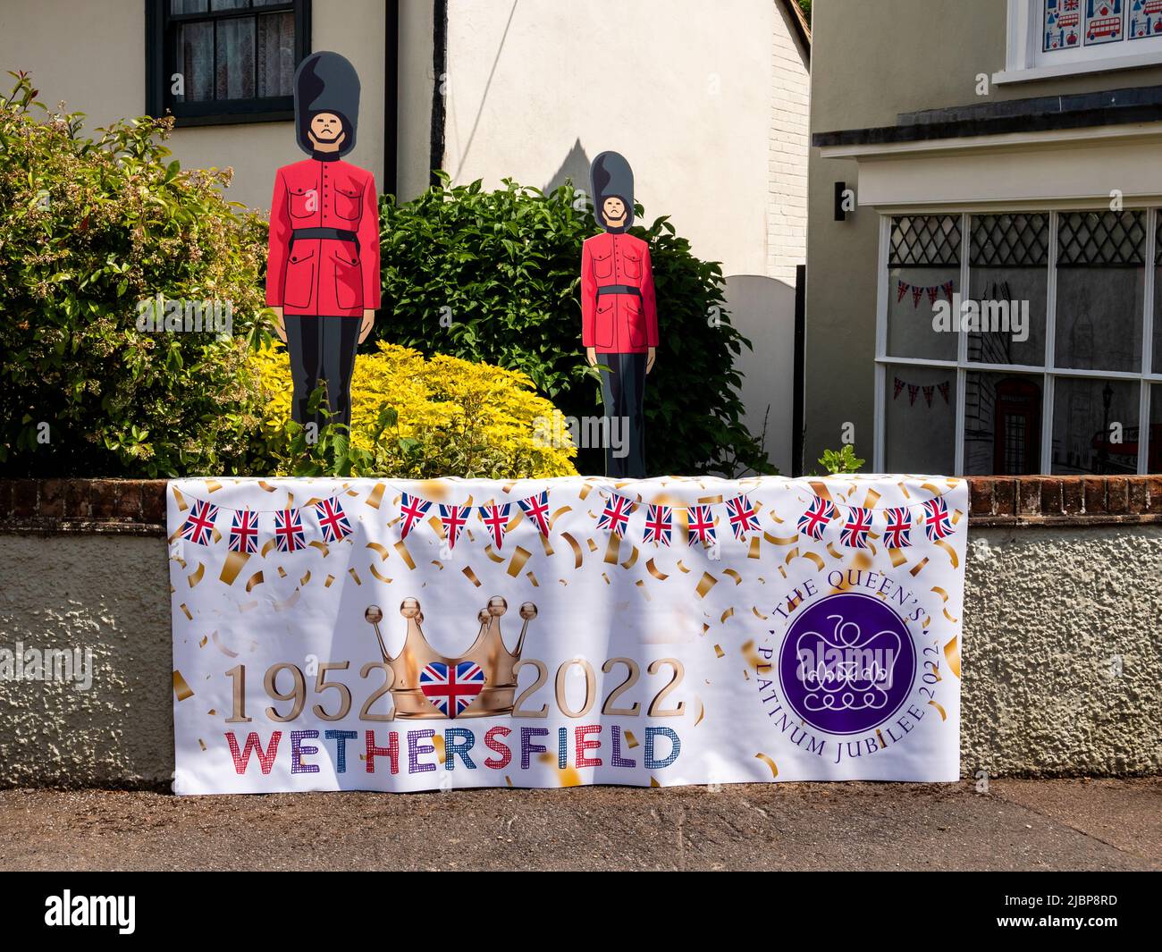 Wethersfield, Braintree Essex UK, 3.. Juni 2022. Haus zur Feier des Platin-Jubiläums zum Gedenken an die siebzig Jahre der Herrschaft von Königin Elizabeth II Dies ist die längste Regierungszeit eines britischen Monarchen Stockfoto