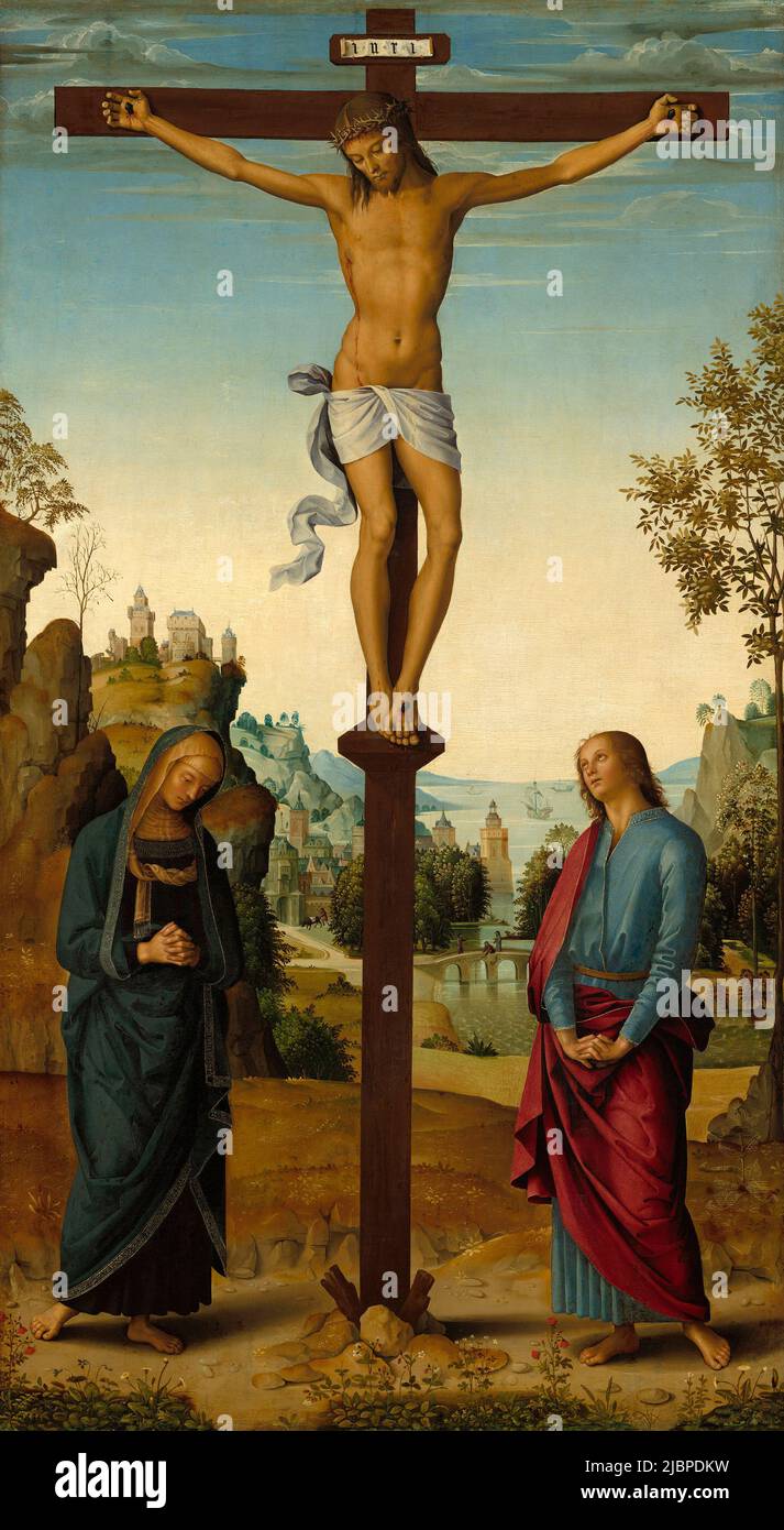 Die Kreuzigung mit der Jungfrau, dem heiligen Johannes, dem heiligen Hieronymus und der heiligen Maria Magdalena von Pietro Perugino ( 1450 - 1523 ) Stockfoto