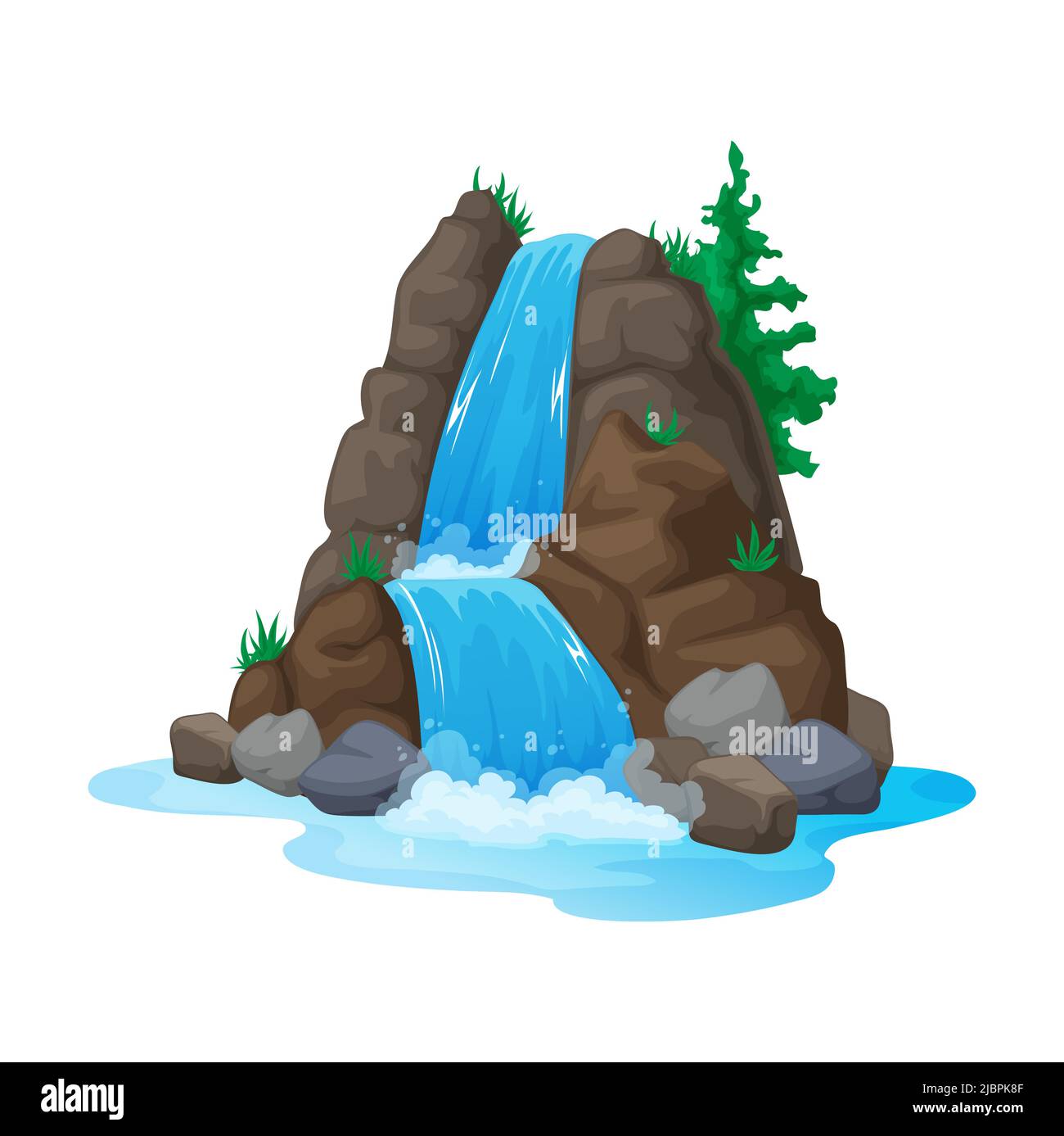 Der Wasserfall fällt von einer Klippe, eine malerische Touristenattraktion mit klarem Wasser. Cartoon-Landschaften Pinien und Felsen, strömende Wasserfall Stock Vektor