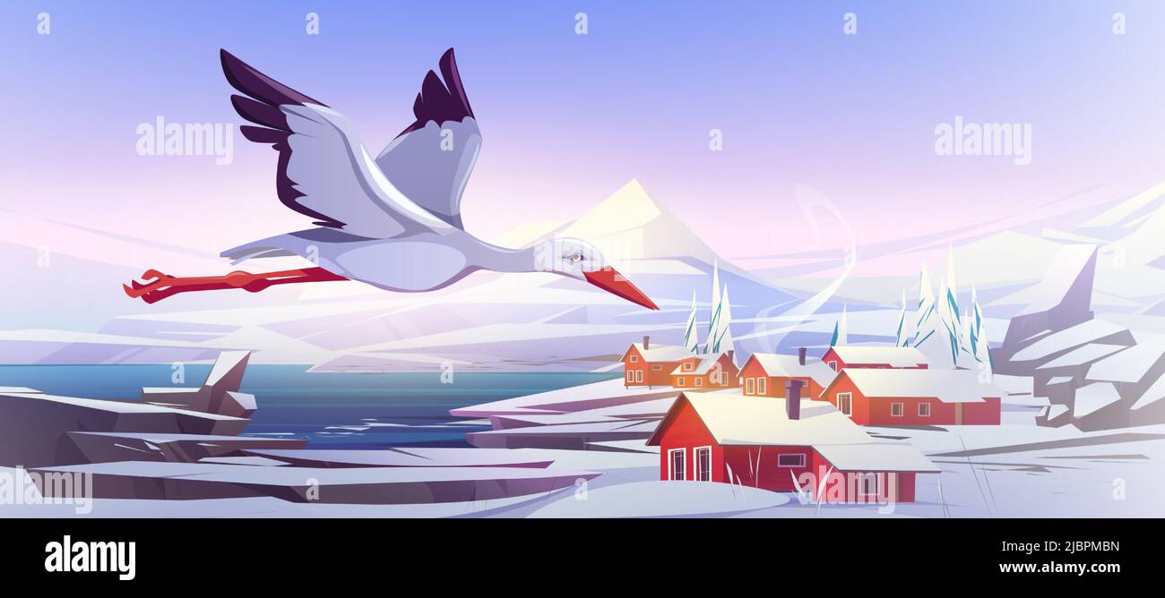Weißer Storch Cartoon schöner wilder Vogel, der in klarem Himmel über der natürlichen Winterlandschaft mit Bergschneespitzen fliegt, See und Hütten stehen am Ufer. Ornithologie, Wildtiere Vektorgrafik Stock Vektor