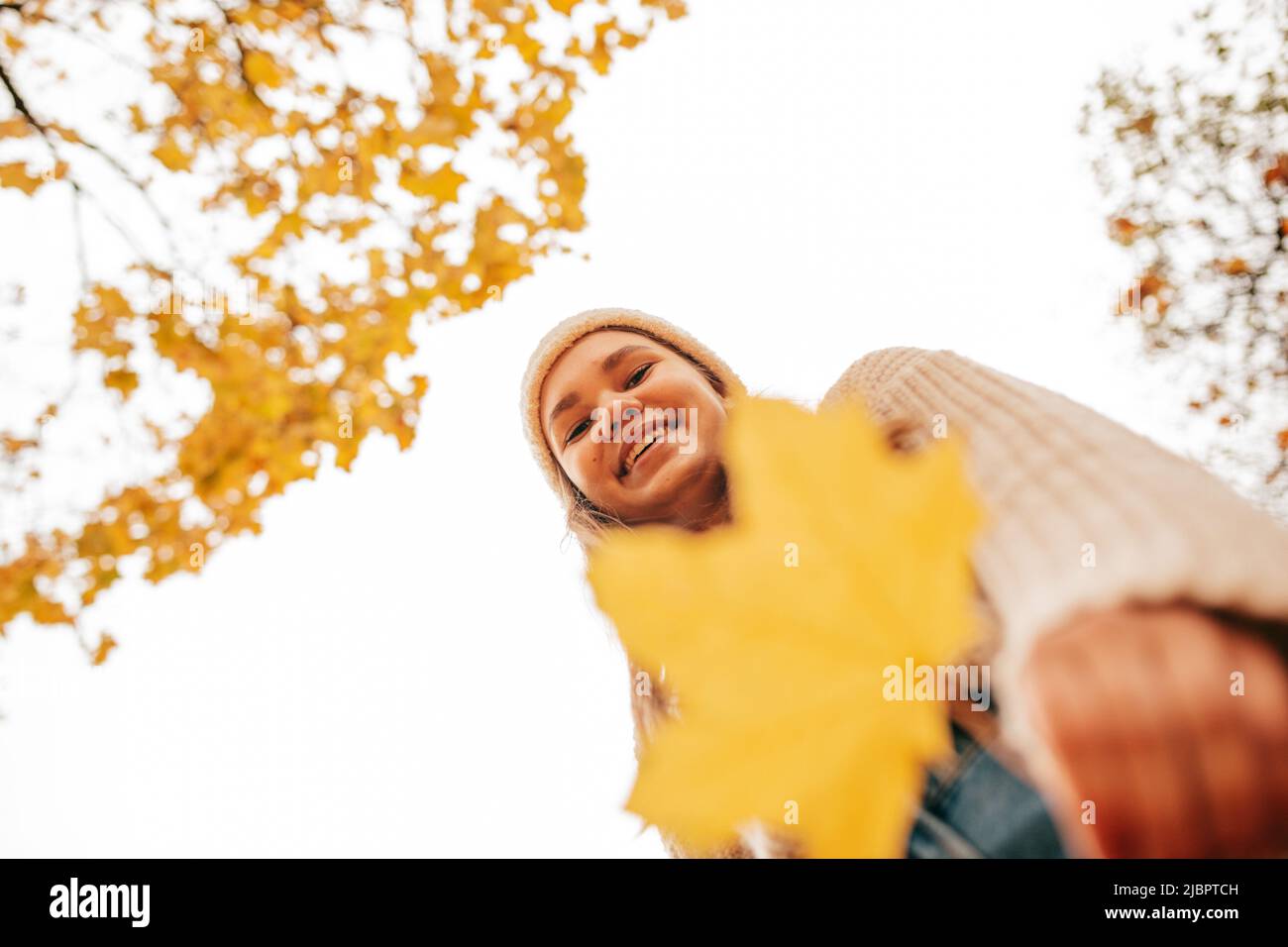 Foto von einer ziemlich glücklichen jungen Frau vor dem Hintergrund eines hellen Himmels und leuchtend gelben Laubs, aufgenommen aus einem niedrigeren Winkel, in der Natur am Herbsttag. Gut Stockfoto