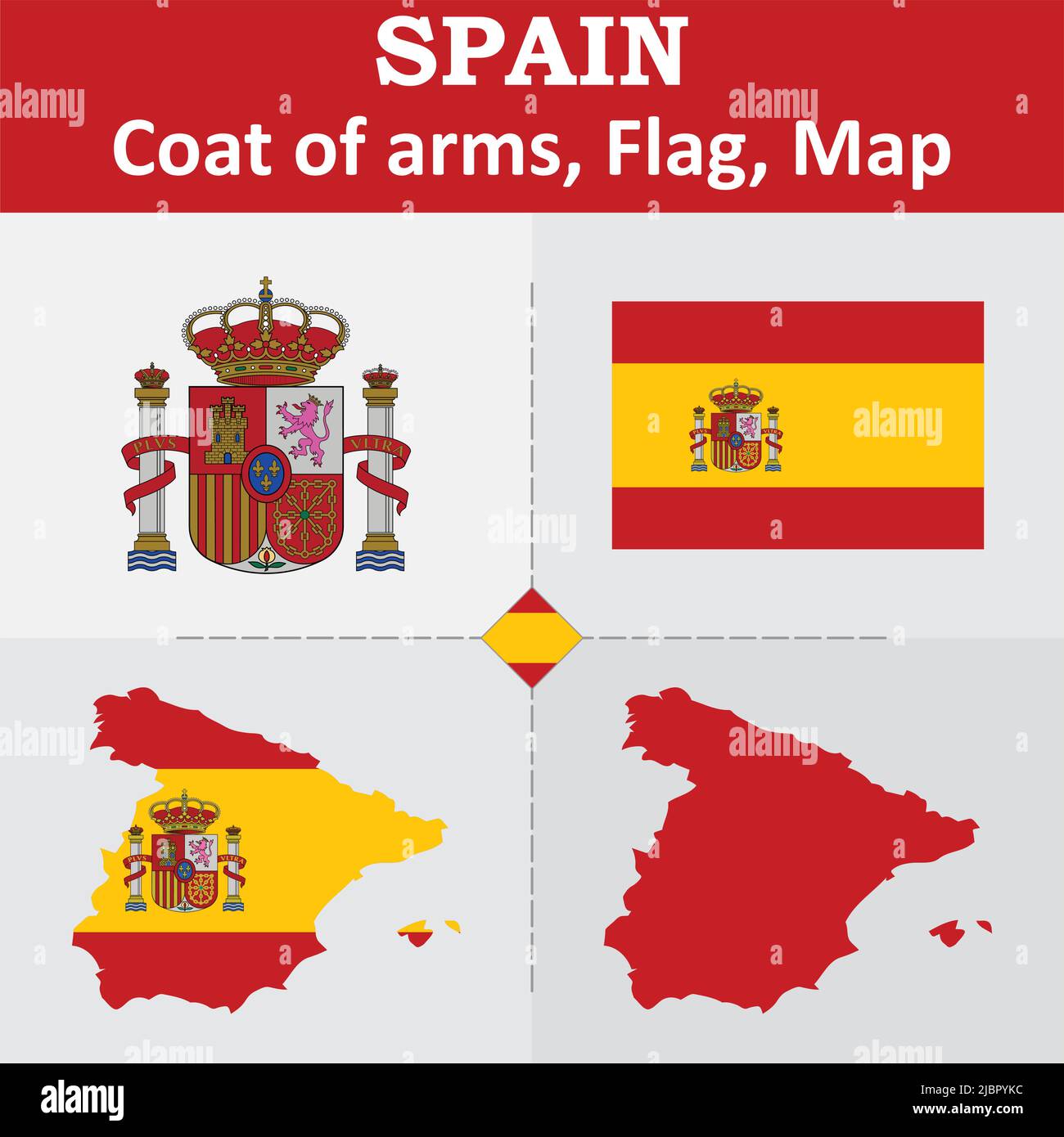 Spanien Wappen, Flagge und Landkarte Stock Vektor