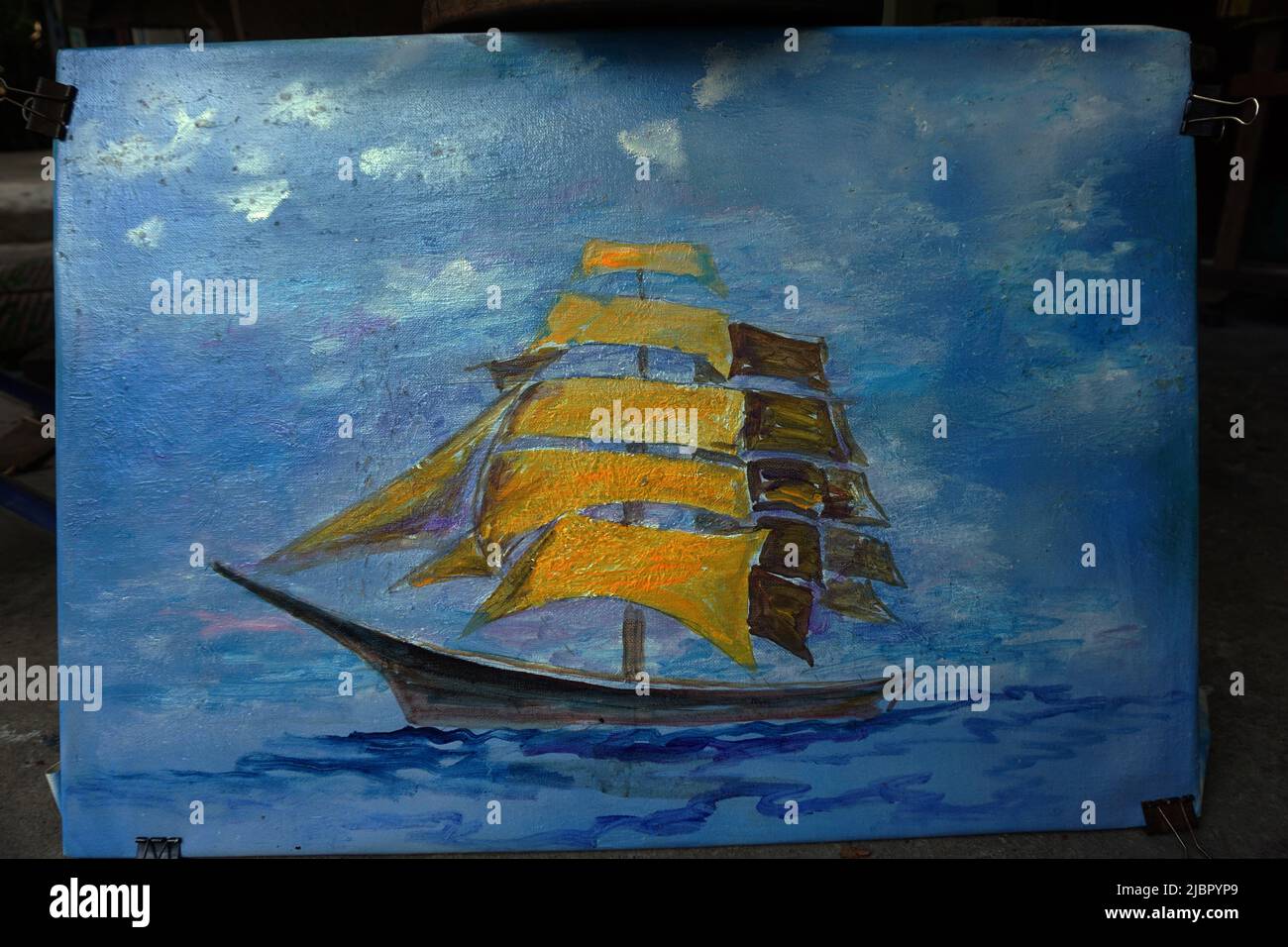Unvollendetes Segelboot Ölgemälde Stockfoto