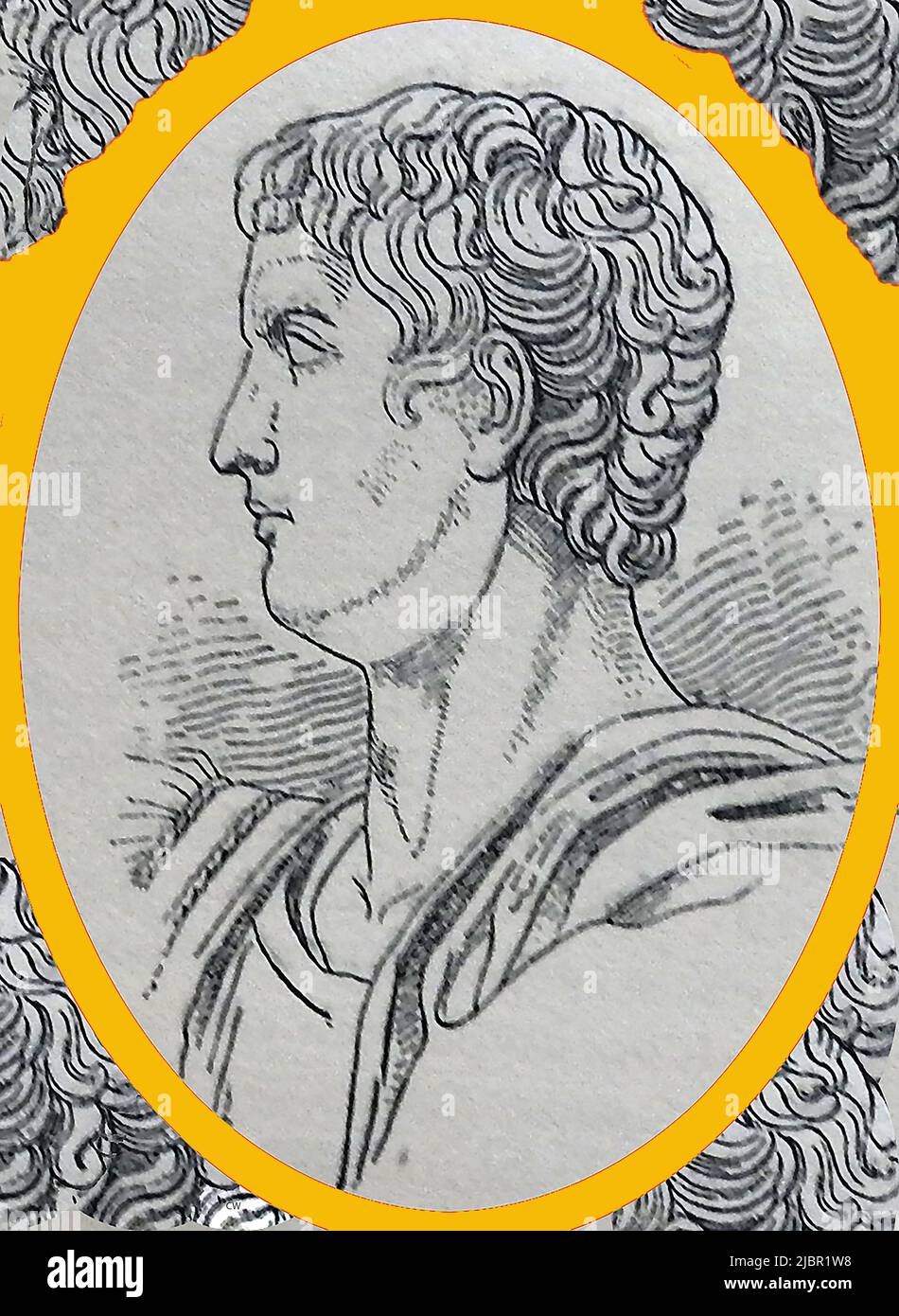 Ein Porträt des (Caius oder Guius) Caesar Augustus Germanicus (12 n. Chr. -41 n. Chr.) aus dem späten 19.. Jahrhundert mit dem Spitznamen Caligula. Er wurde als Gaius Julius Caesar geboren, erhielt aber den Spitznamen Caligula, was kleine Caliga bedeutet (eine Art Militärstiefel), von denen, die er trug, als die Soldaten seines Vaters während ihres Feldzugs in Germania begegneten. Seine Eltern waren Germanicus und Agrippina die Ältere. Er starb durch einen Mord in einer gemeinsamen Verschwörung durch Offiziere der Prätorianischen Garde, Senatoren und Höflinge Stockfoto