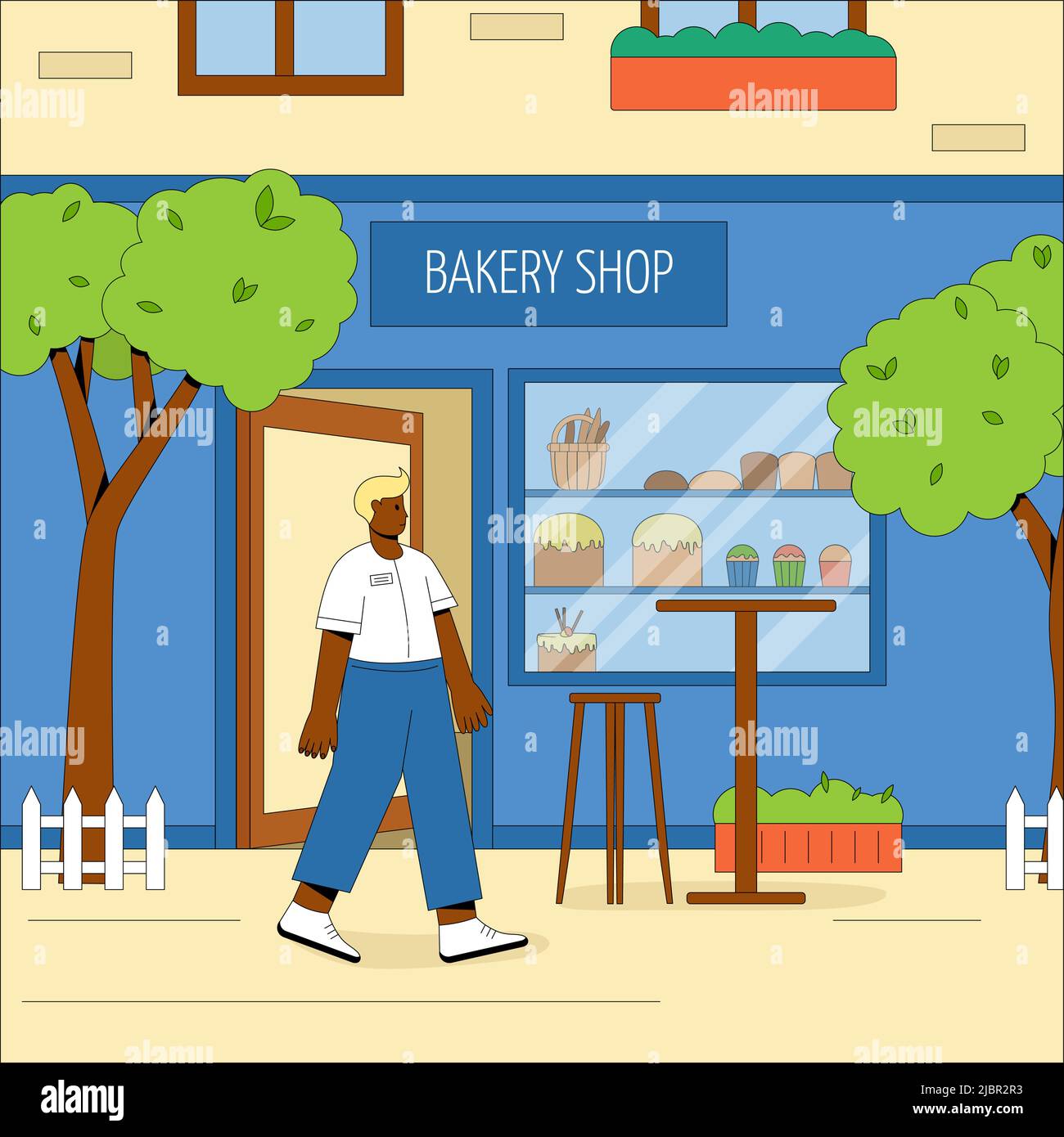Das Gebäude der städtischen Bäckerei mit Tischen und Stühlen im Freien. Freundlicher Mann, der sich an der frischen Luft entspannen kann. Vektor-Konzept eines Sommer-Cafés. Flacher Vektor-illuu Stock Vektor