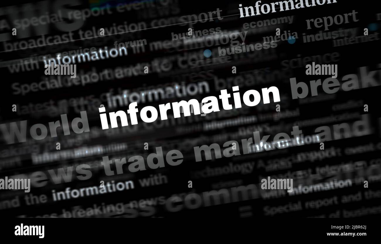 Schlagzeilen in internationalen Medien mit Information und Kommunikation. Abstraktes Konzept von Nachrichtentiteln, die auf Lärmdisplays übertragen werden. TV-Fehler Stockfoto