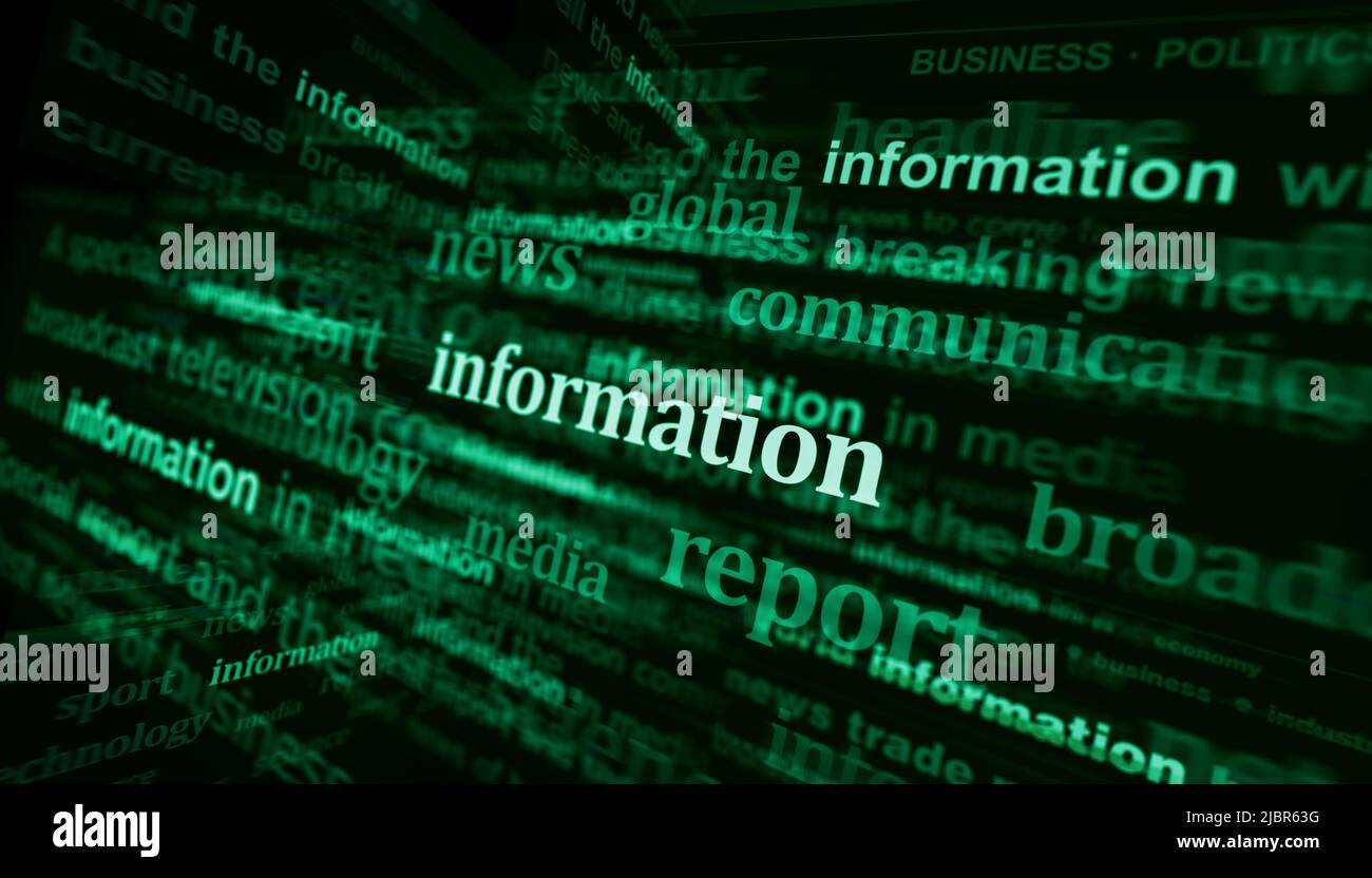 Schlagzeilen in internationalen Medien mit Information und Kommunikation. Abstraktes Konzept von Nachrichtentiteln, die auf Lärmdisplays übertragen werden. TV-Fehler Stockfoto