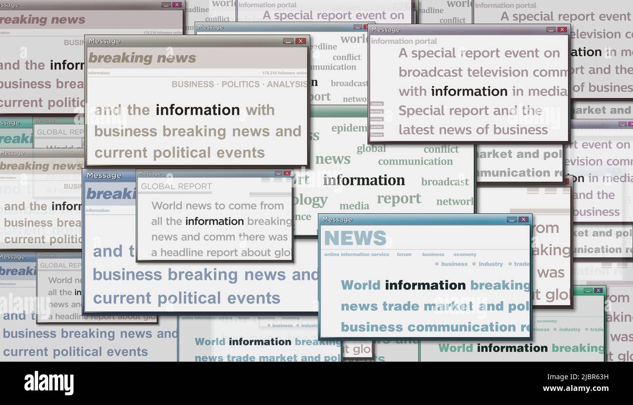 Schlagzeilen in internationalen Medien mit Information und Kommunikation. Abstraktes Konzept von Nachrichtentiteln, die auf Lärmdisplays übertragen werden. TV-Fehler Stockfoto