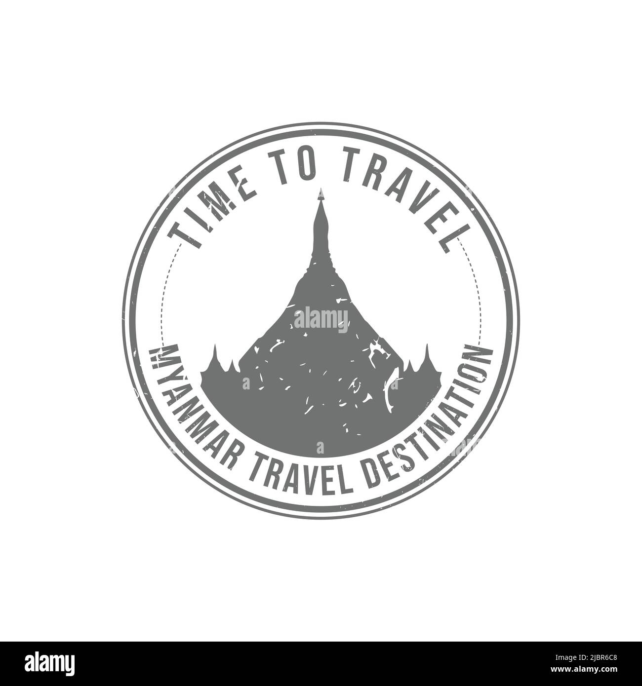 Grunge Gummistempel mit dem Text Myanmar travel Destination in der Marke geschrieben. Zeit zum Reisen. Silhouette des Shwedagon Pagodentempels Myanmar h Stock Vektor