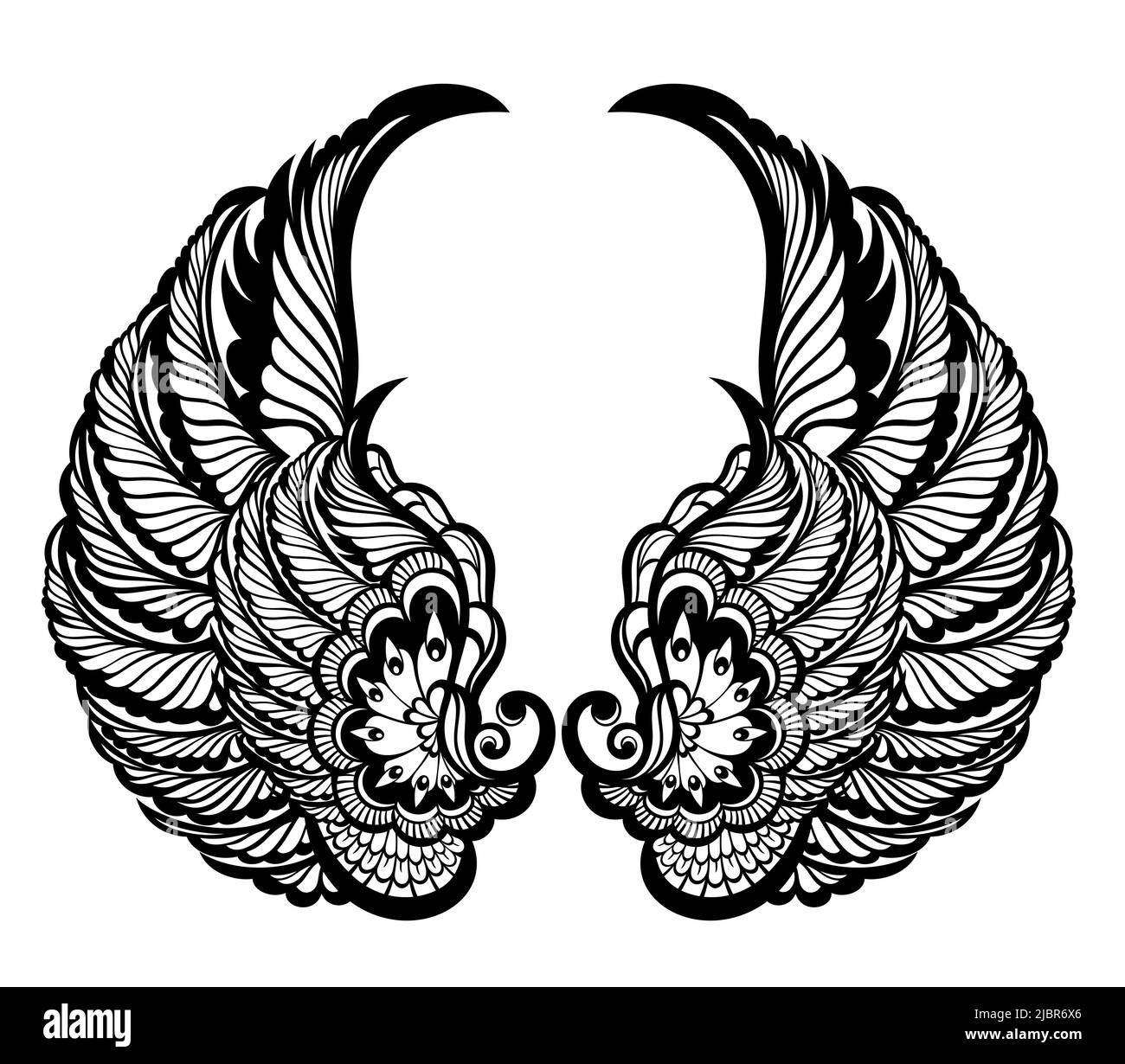 Ein Paar Vogelflügel. Engel. Vektor-Illustration für Tattoo. Element für Holzschnitzerei Stock Vektor