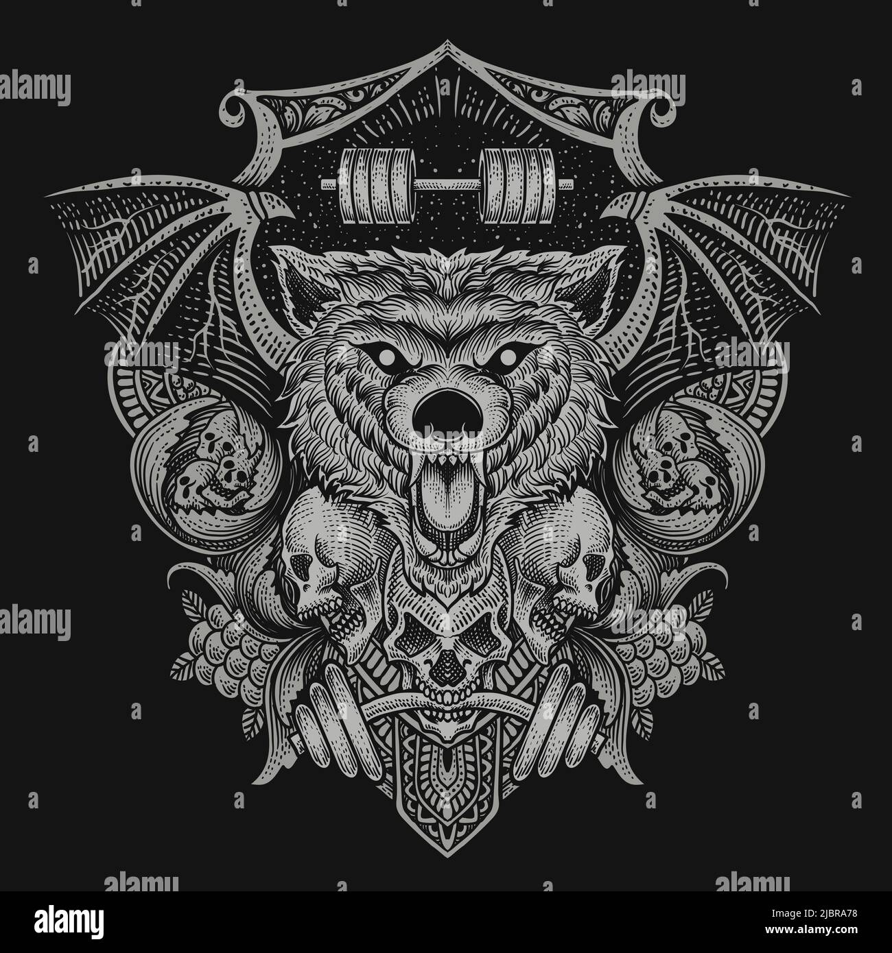 Illustration Baddas Wolfkopf mit Totenkopf mit Gravur Ornament Stock Vektor