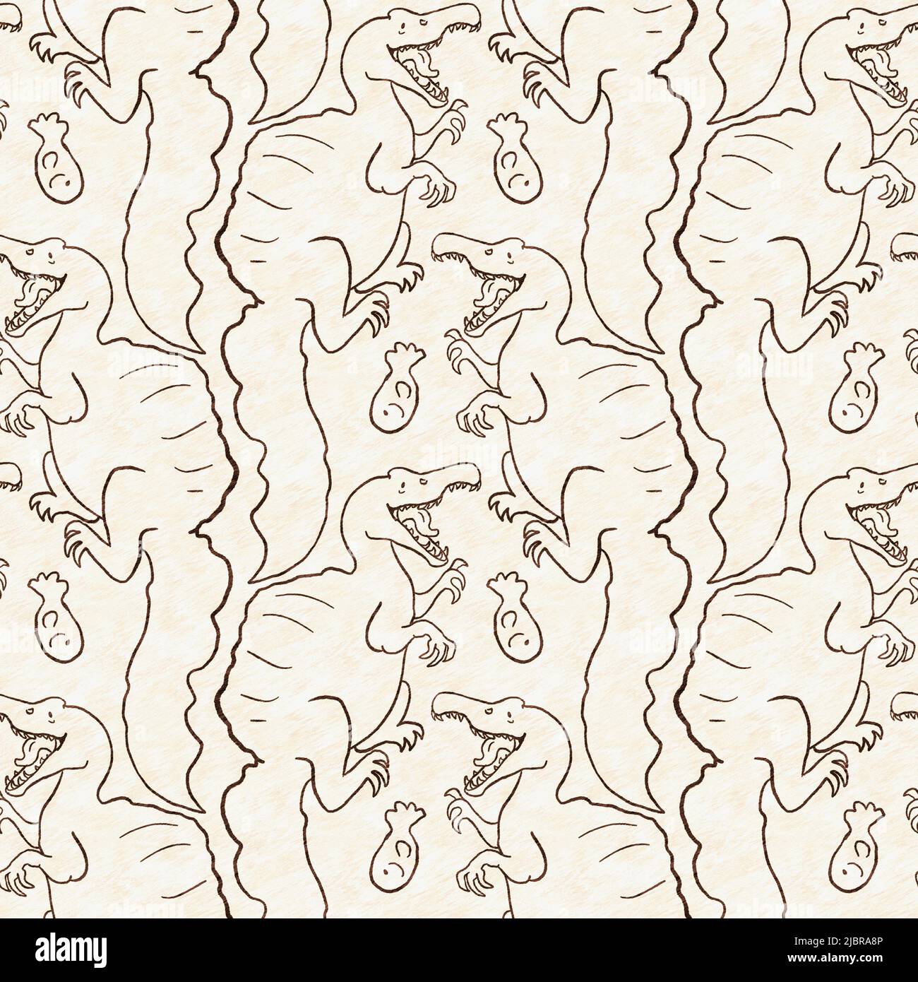 Braunes, handgezeichnetes Spinosaurus-Dinosaurier-Nahtloses Muster. Gender Neutral Jurassic fossile Silhouette für Baby-Nursery. Home Dekor für Museum, Aussterben Stockfoto