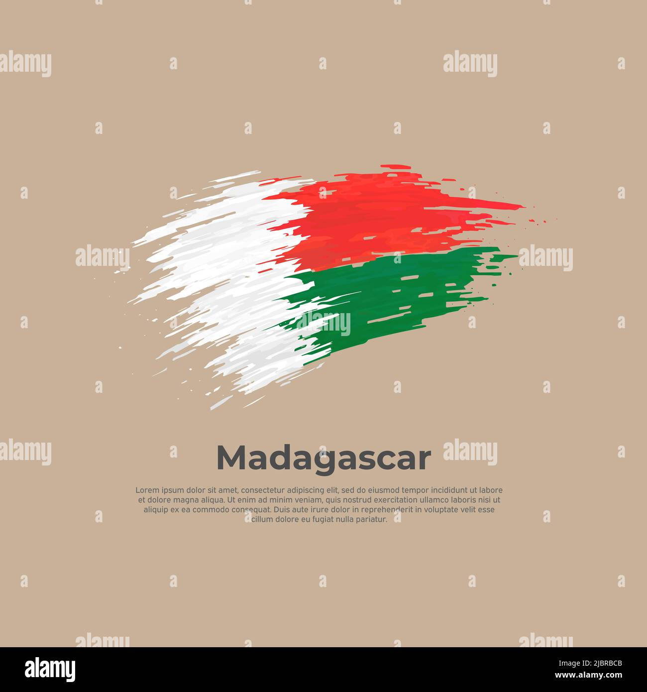 Madagaskar-Flagge. Pinselstriche. Pinsel bemalte madagaskar-Flagge auf einem hellen Hintergrund. Vektor-Design National Poster, Vorlage. Für Text platzieren. Status Stock Vektor