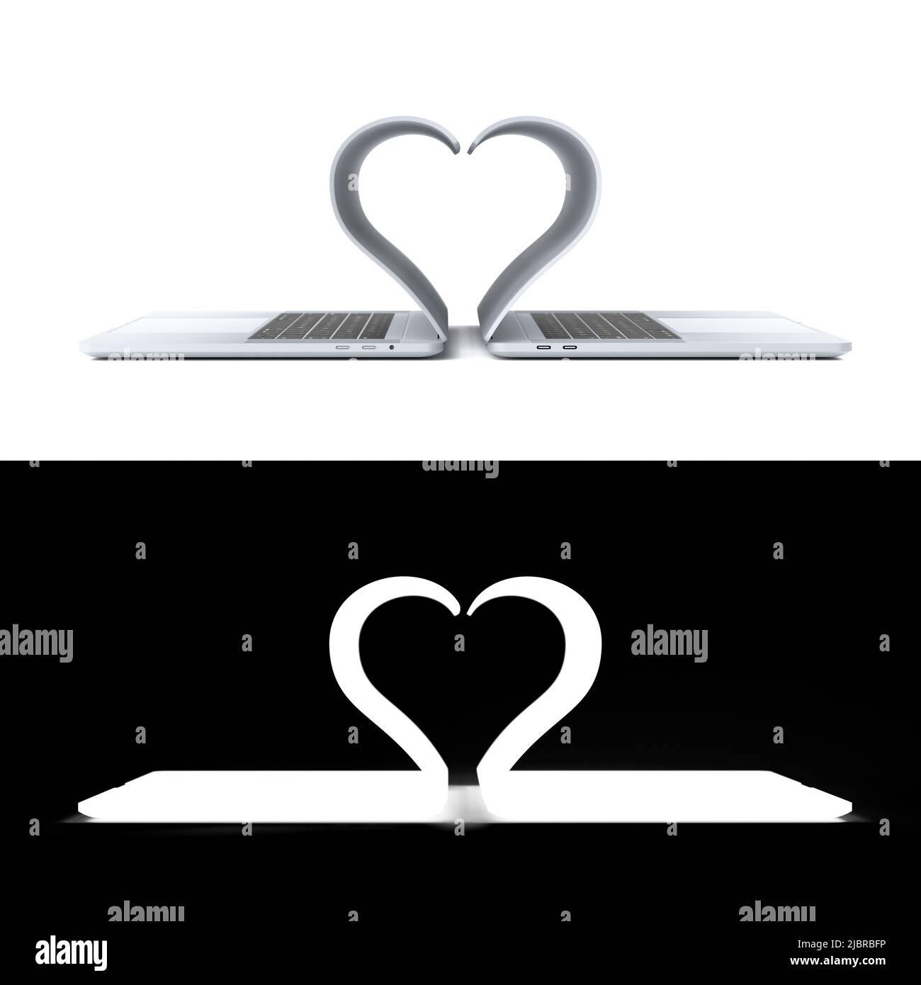 Online-Dating-Konzept. Zwei Laptops, die Rücken an Rücken stehen und ein Herz bilden. Isoliert auf weiß - auf der unteren Hälfte der Maske zu photoshop im Stockfoto