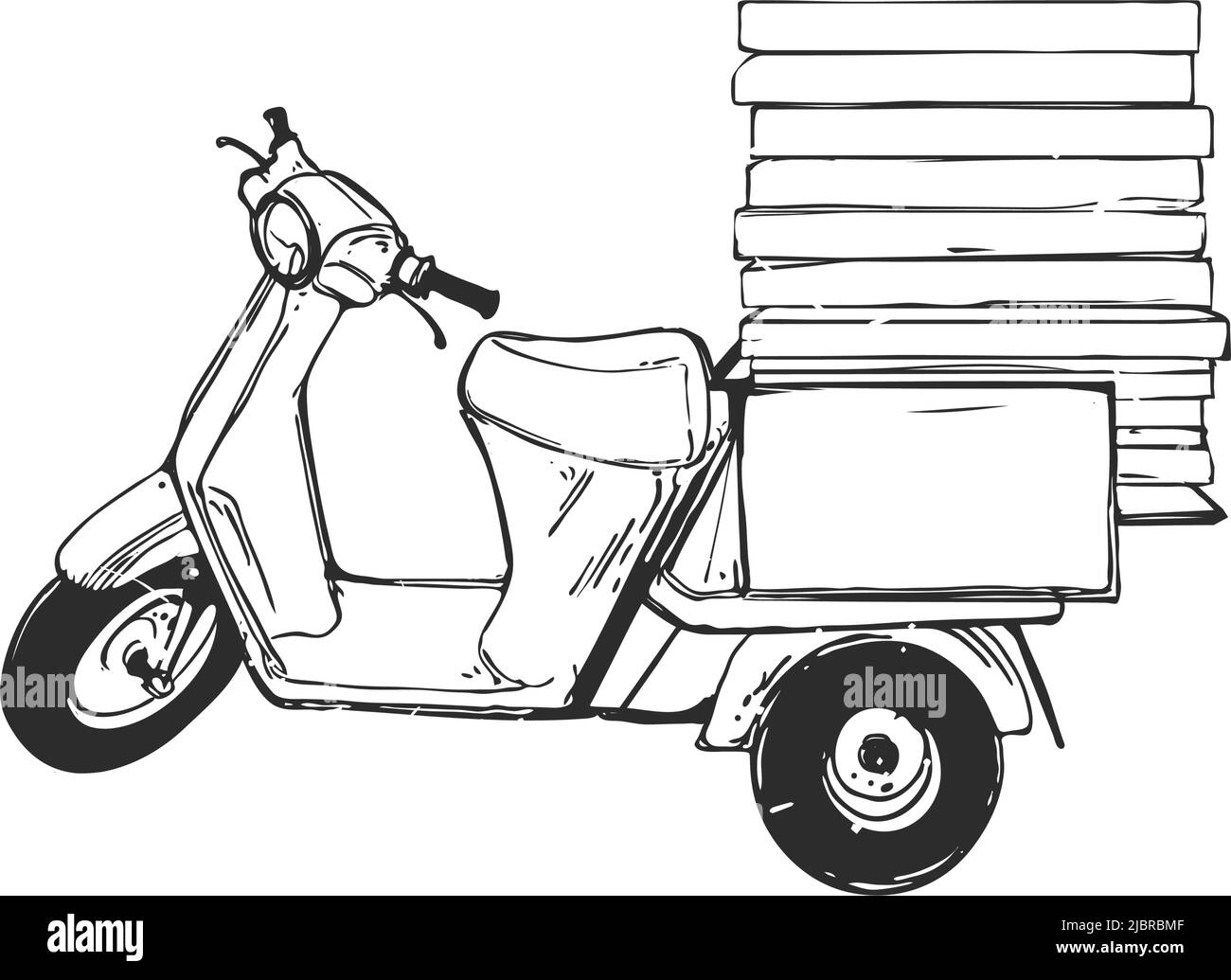 Lieferservice Vintage Roller, Transport von Lebensmitteln. Vektortinte Illustration, Handgrafiken Stock Vektor