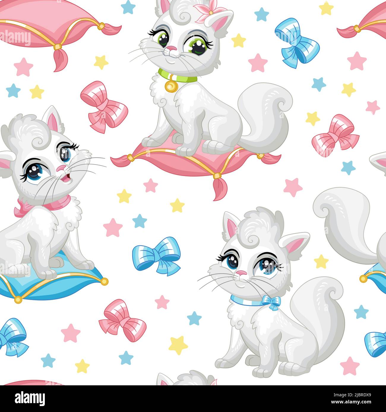 Nahtloses Muster niedliche weiße Katzen auf einem Kissen. Cartoon Vektor-Illustration mit Katze Charakter. Kindlicher Druck für Textilien, Stoffe, Tapeten, Design Stock Vektor
