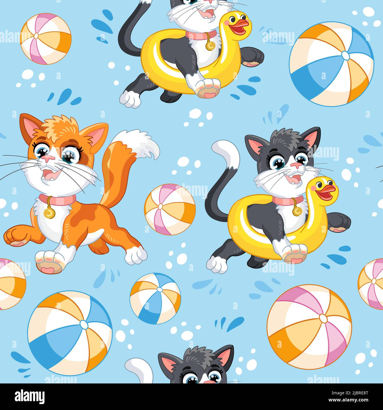 Nahtlose Muster lustige Kätzchen mit einem aufblasbaren Kreis und einem Ball. Cartoon-Vektorgrafik. Kindlicher Druck für Textilien, Stoffe, Tapeten, de Stock Vektor