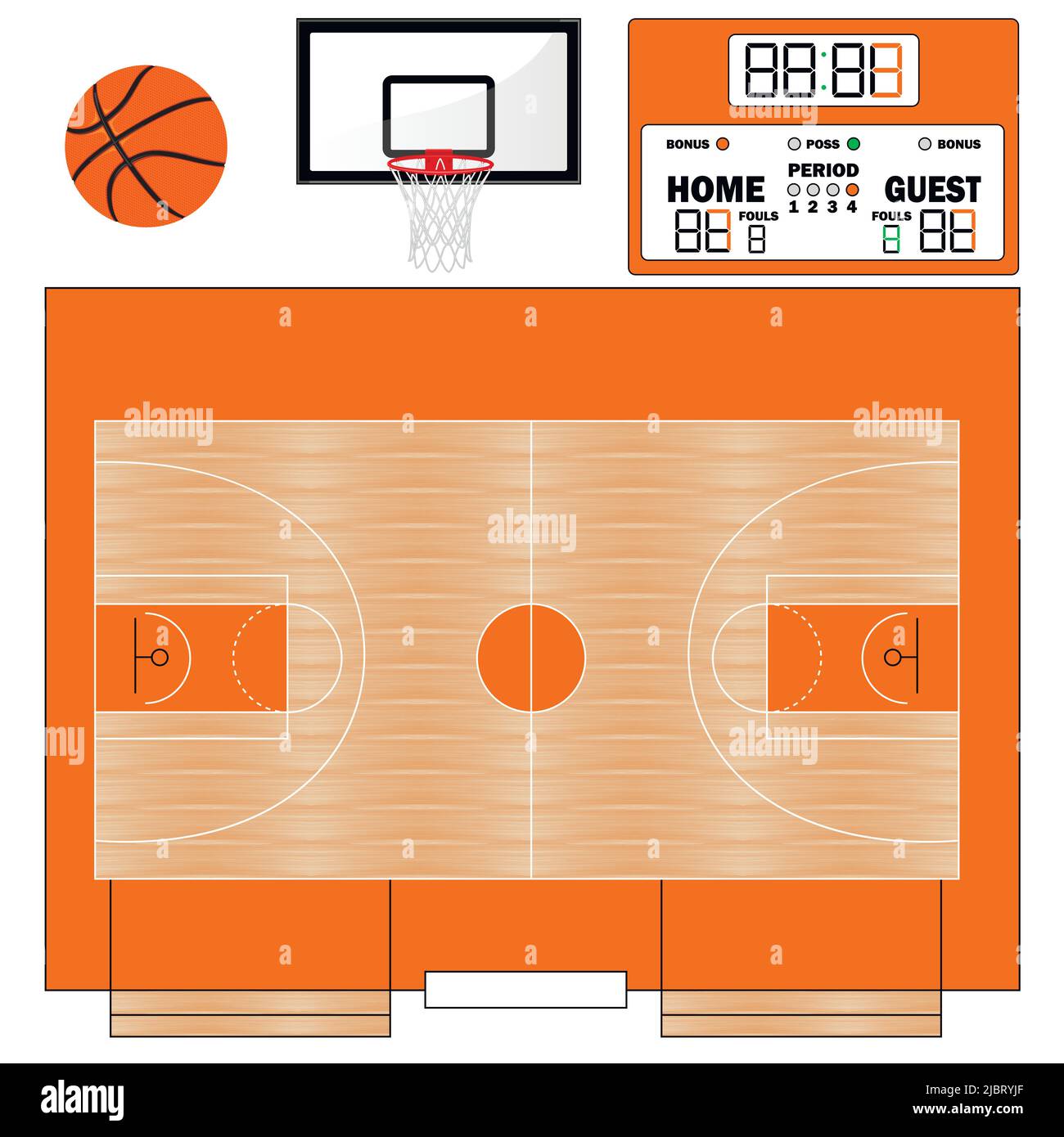 Vektorgrafik Basketballfeld. Infografiken für Webseiten, Sportübertragungen, Strategien Hintergründe. Ball, Basketball-Tasche, Anzeigetafel. Stock Vektor