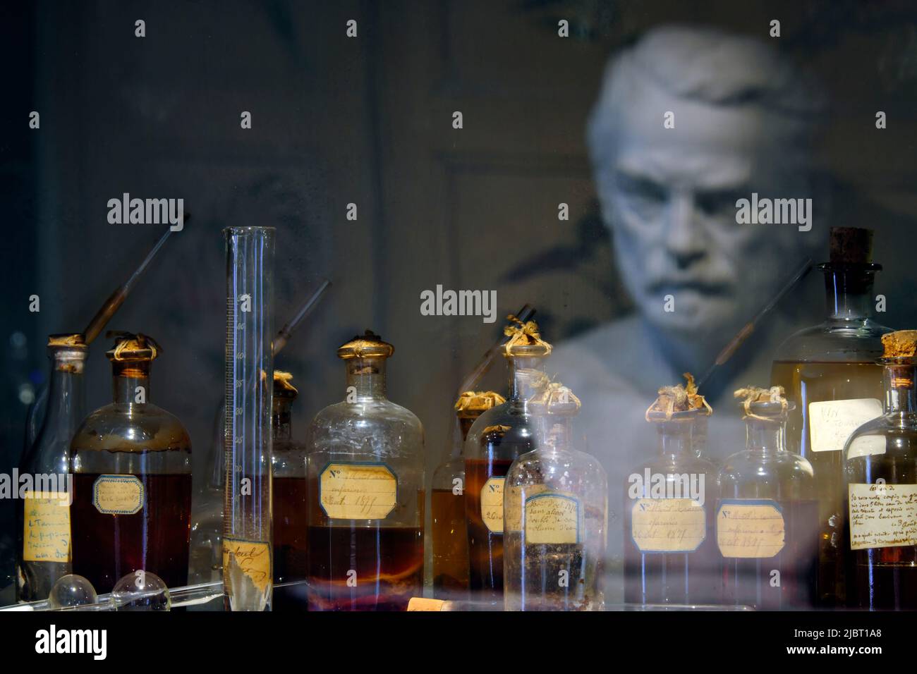 Frankreich, Jura, Arbois, La Maison de Louis Pasteur, Museum, Labor, Vitrine, Kolben, Spiegelung der Büste im Glas Stockfoto
