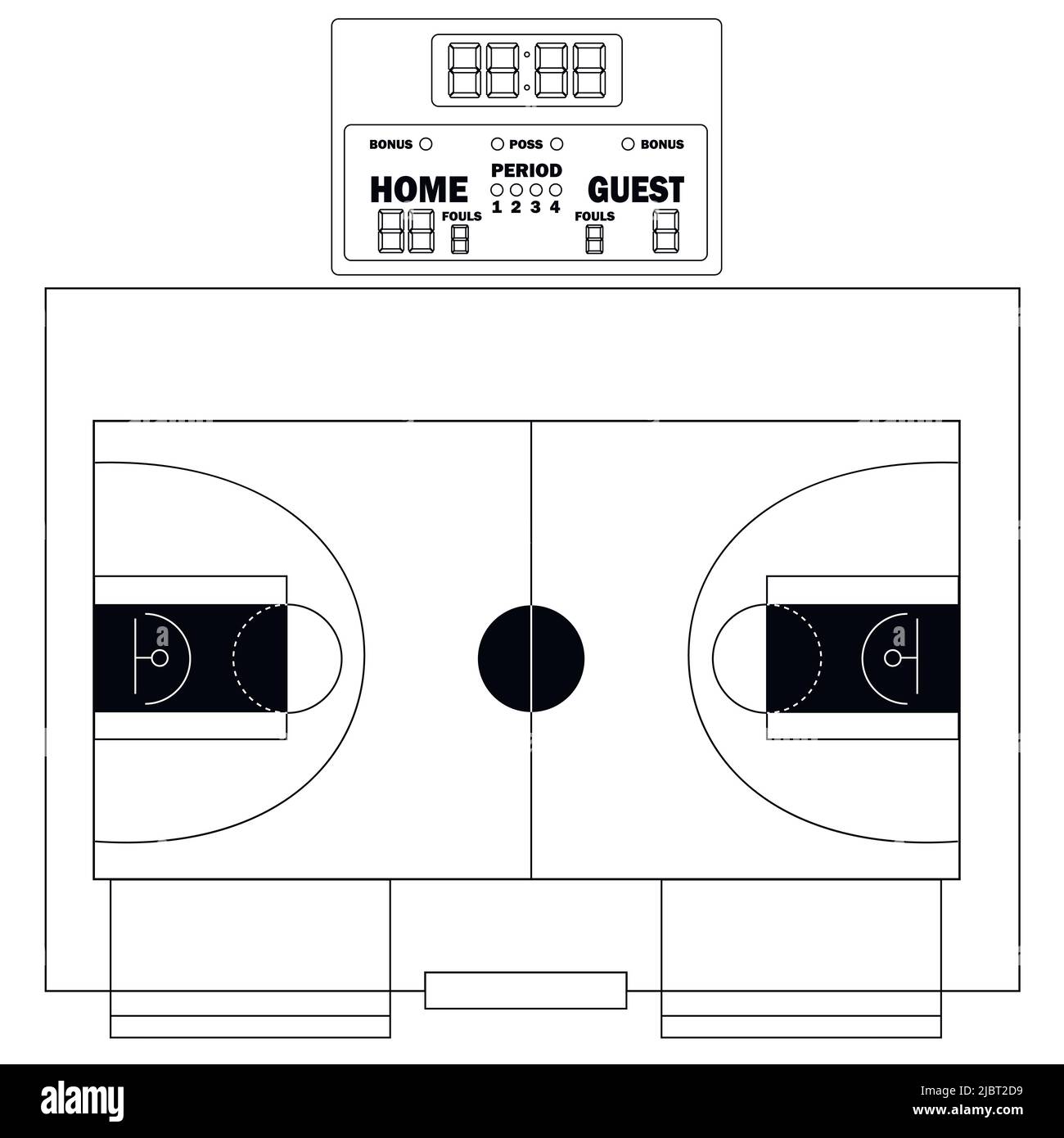 Vektorgrafik Basketballfeld. Infografiken für Webseiten, Sportübertragungen, Strategien Hintergründe. Ball, Basketball-Tasche, Anzeigetafel. Stock Vektor