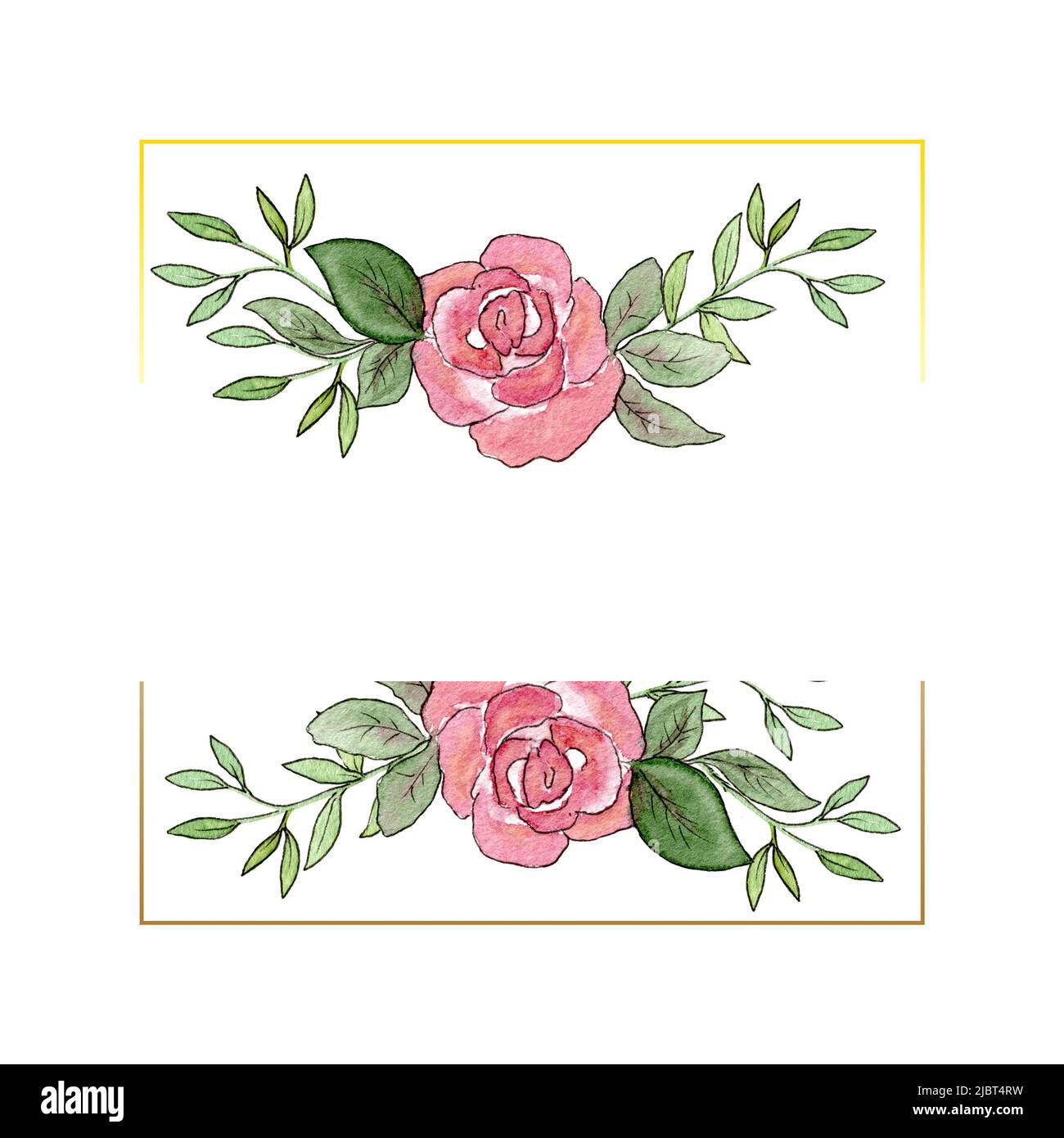 Aquarell floraler Rahmen, Postkarte. Einladungskarte mit Rosenblüten und Baumzweig. Leere Kartenvorlage. Stockfoto