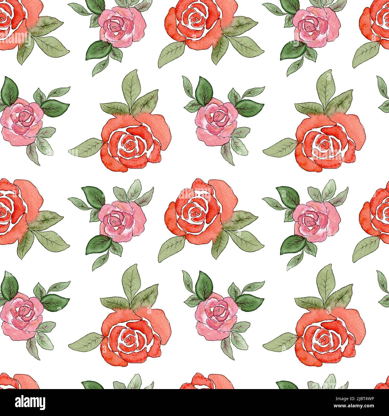 Muster mit Rosen. Aquarell-Nahtloses Muster mit Rosenblüten. Rote und rosa Blüten im Doodle-Stil auf weißem Hintergrund. Drucken für Textilien Stockfoto