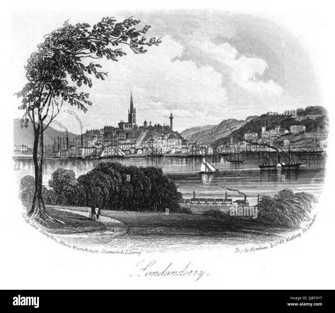 Ein Blick auf Derry im 19.. Jahrhundert. Walkers Säule steht prominent in der Mitte Stockfoto