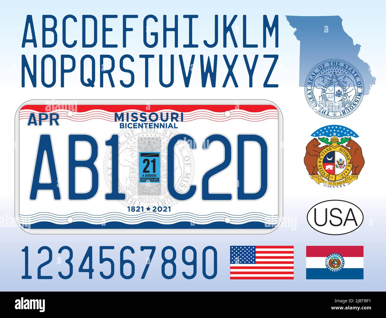 Missouri State Nummernschild mit Buchstaben und Zahlen, Vereinigte Staaten von Amerika Stock Vektor