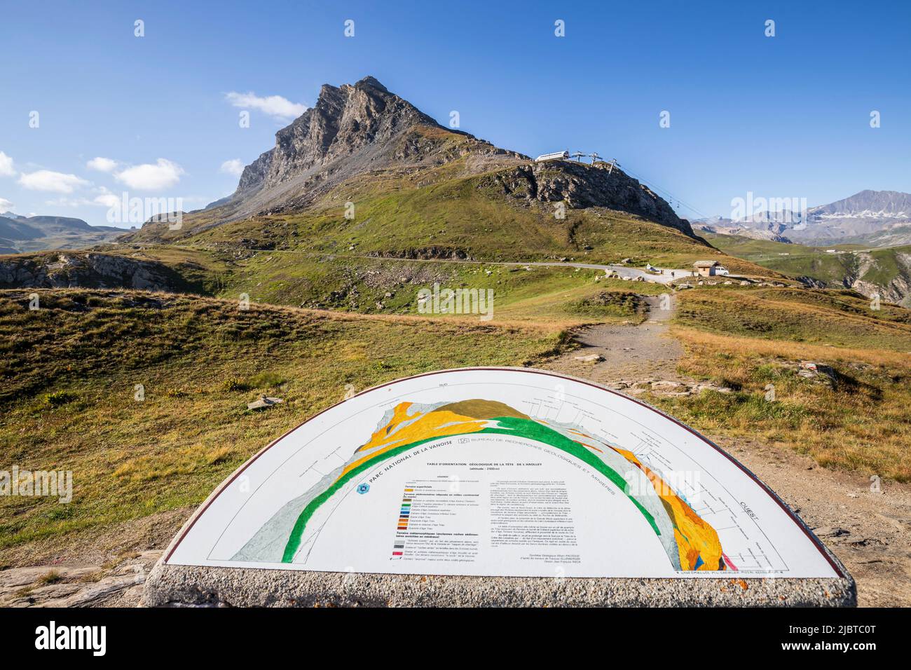 Frankreich, Savoie, Nationalpark Vanoise, Val-d'Isere, Aussichtspunkt der Tarentaise auf 2533 m auf der Straße zu den Grandes Alpes in der Nähe des Col de L'Iseran, zwischen Val-d'Isere und Bonneval-sur-Arc, im Hintergrund die Crête des Lessières (2873 m) Stockfoto