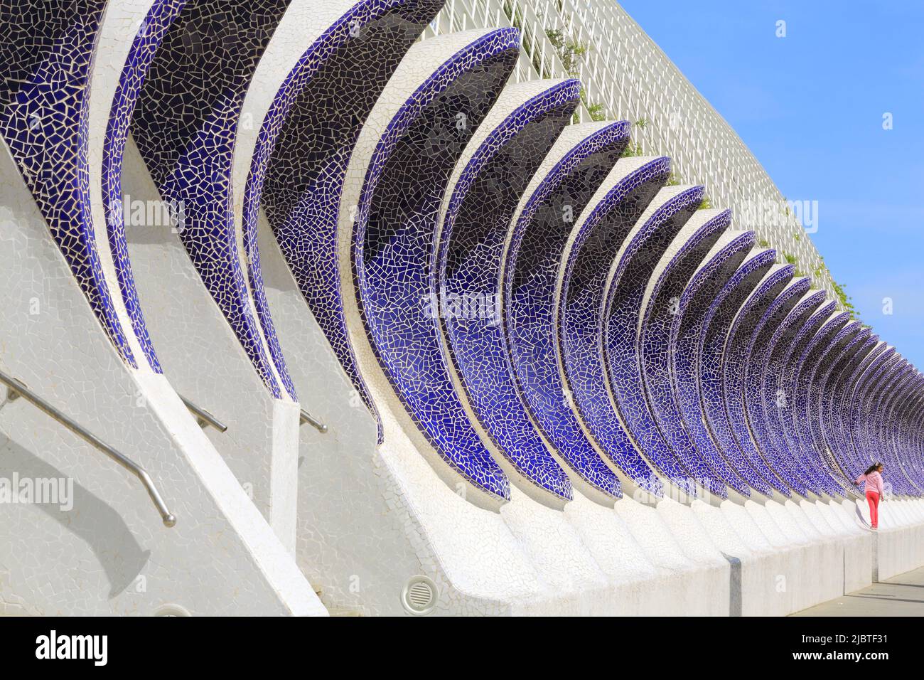 Spanien, Valencia, Stadt der Künste und Wissenschaften (Ciudad de las Artes y las Ciencias), Kulturkomplex nach Plänen des Architekten Santiago Calatrava, Seitenansicht des Umbracle (öffentlicher Garten) Stockfoto