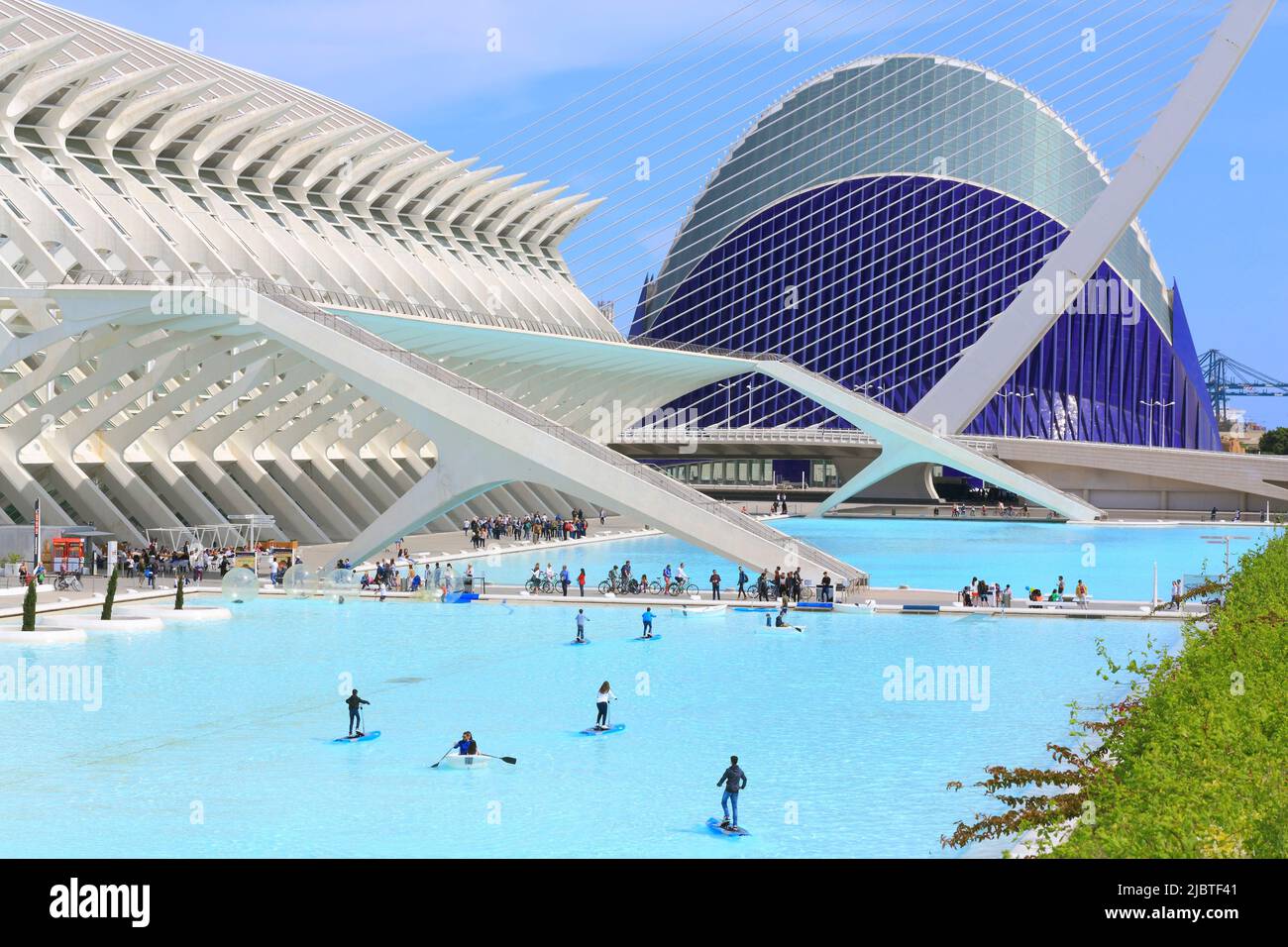 Spanien, Valencia, Stadt der Künste und Wissenschaften (Ciudad de las Artes y las Ciencias), Kulturkomplex nach dem Entwurf des Architekten Santiago Calatrava, links das Príncipe-Wissenschaftsmuseum (Naturwissenschaftliches Museum) und im Hintergrund das Ágora Stockfoto