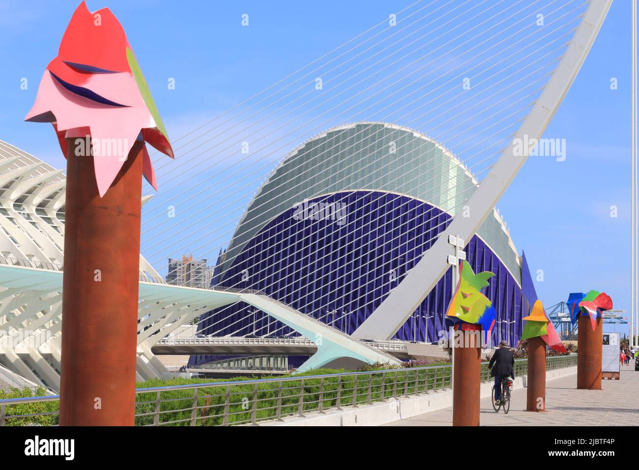 Spanien, Valencia, Stadt der Künste und Wissenschaften (Ciudad de las Artes y las Ciencias), Kulturkomplex, entworfen vom Architekten Santiago Calatrava, Ágora vom Umbracle aus gesehen Stockfoto