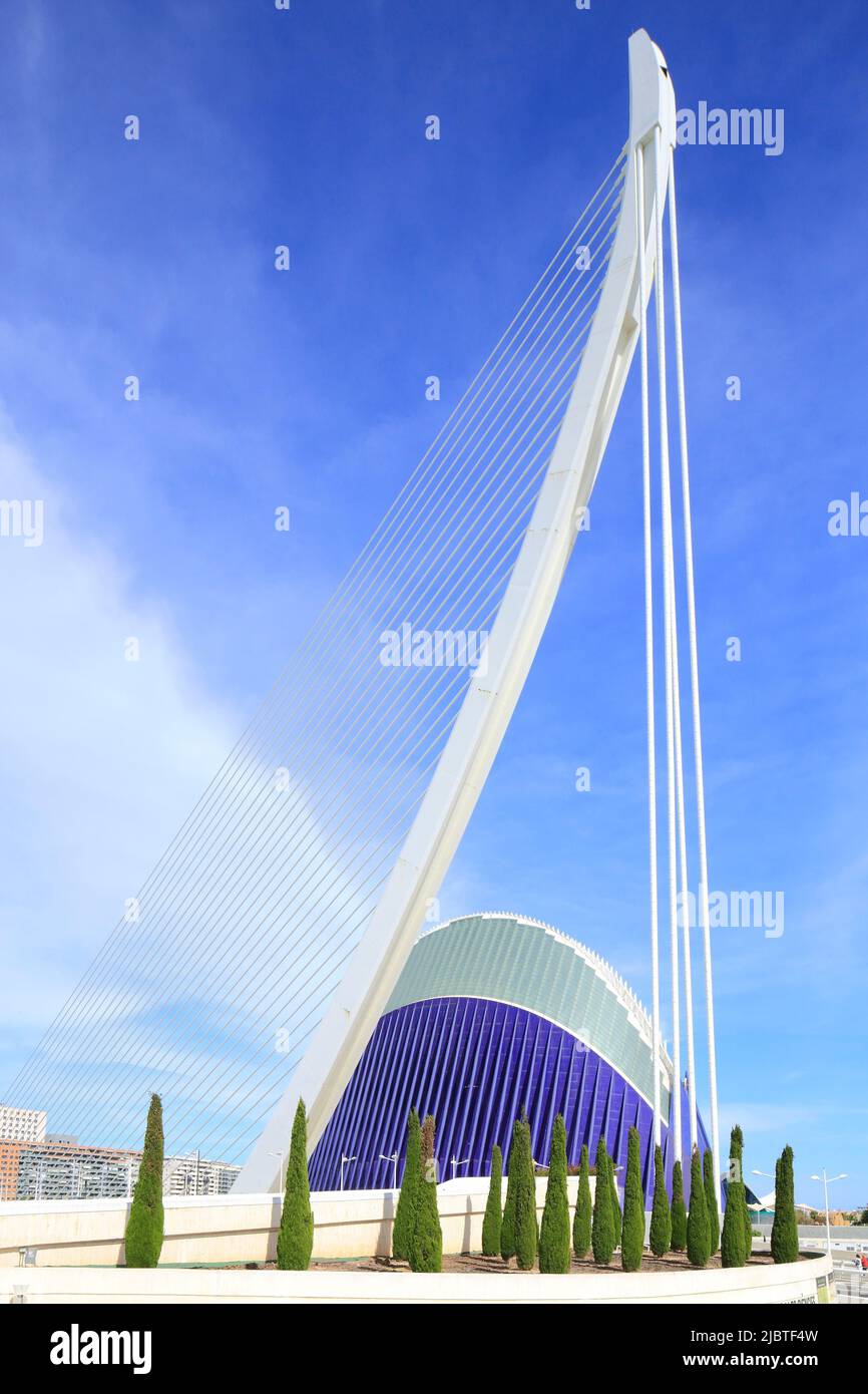 Spanien, Valencia, Stadt der Künste und Wissenschaften (Ciudad de las Artes y las Ciencias), Kulturkomplex, entworfen vom Architekten Santiago Calatrava, Ágora und im Vordergrund die Pont de l'Assut de l'Or (Pont de la Serradora) Stockfoto