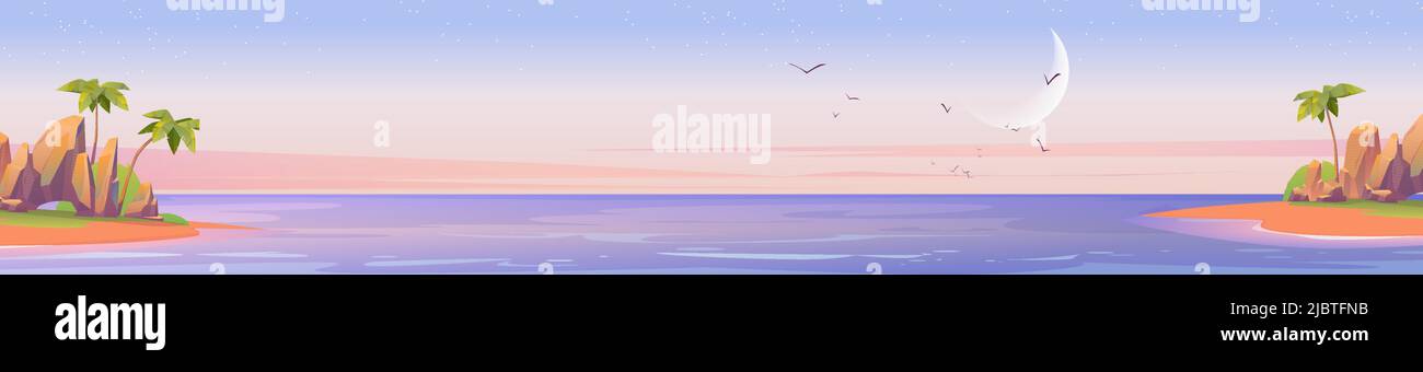 Tropische Meereslandschaft mit Palmen am Strand am frühen Morgen. Vektor-Cartoon-Illustration von Meerespanorama, Ozeanlagune oder Hafen, Sandstrand, fliegende Vögel und Mond am Himmel Stock Vektor