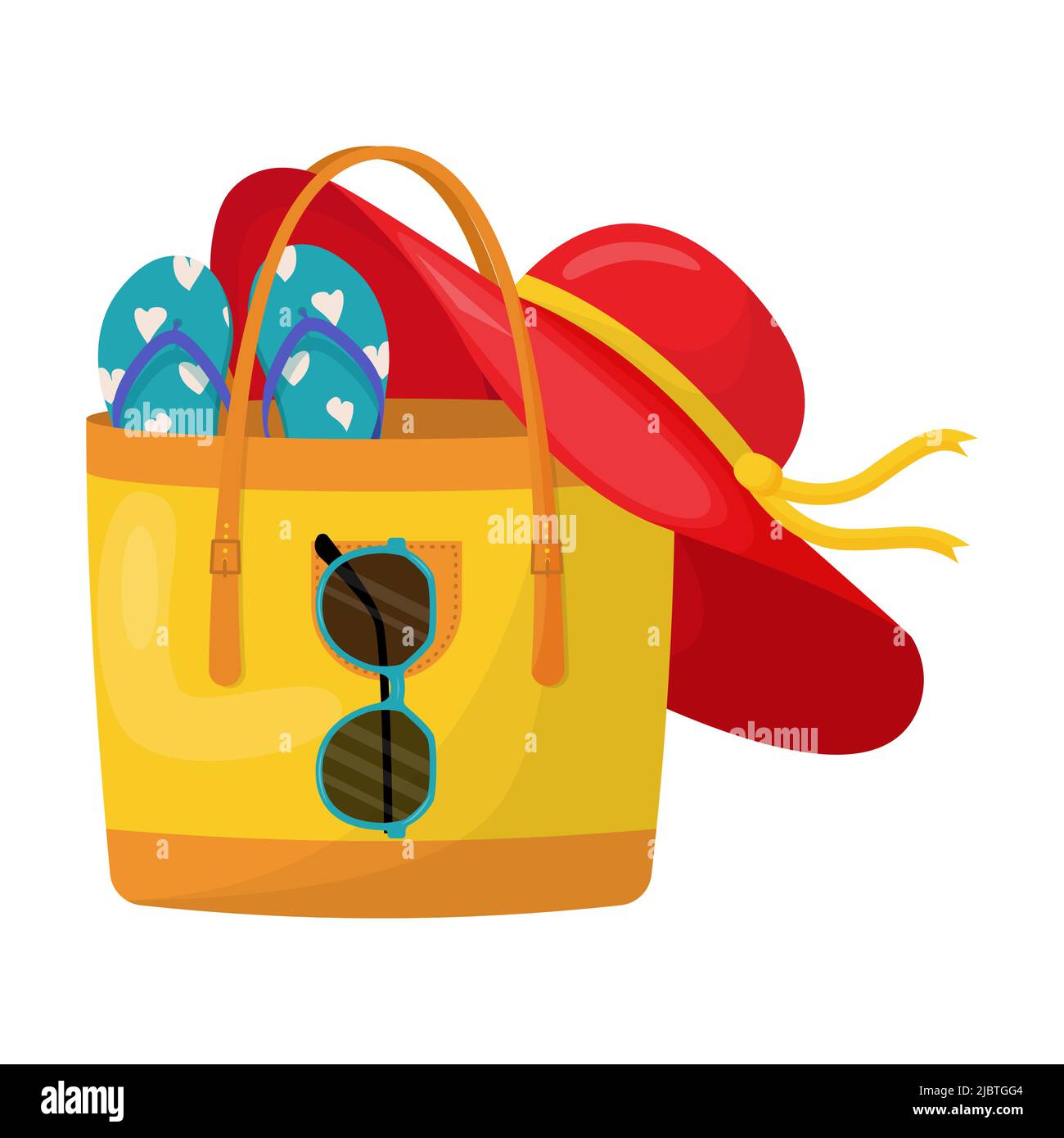 Bunte Damen Sommertasche mit Strand Accessoires. Sommerliche Designelemente. Stock Vektor