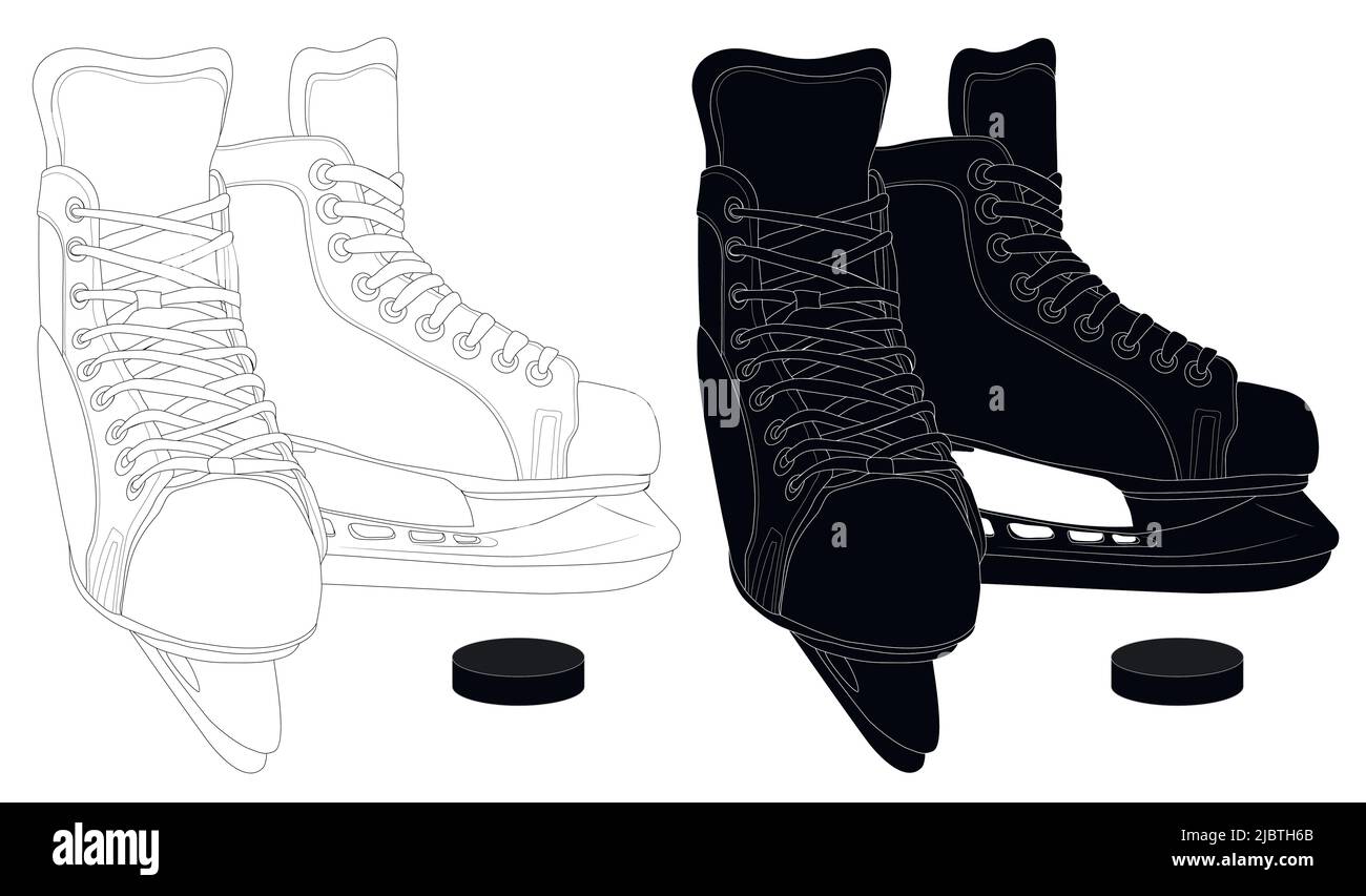 Schlittschuhe für Hockey und Eislaufen. Vektor-Schwarz-Weiß-Illustration, die als Emblem oder Aufkleber, für Textil oder Print verwendet werden kann. Stock Vektor