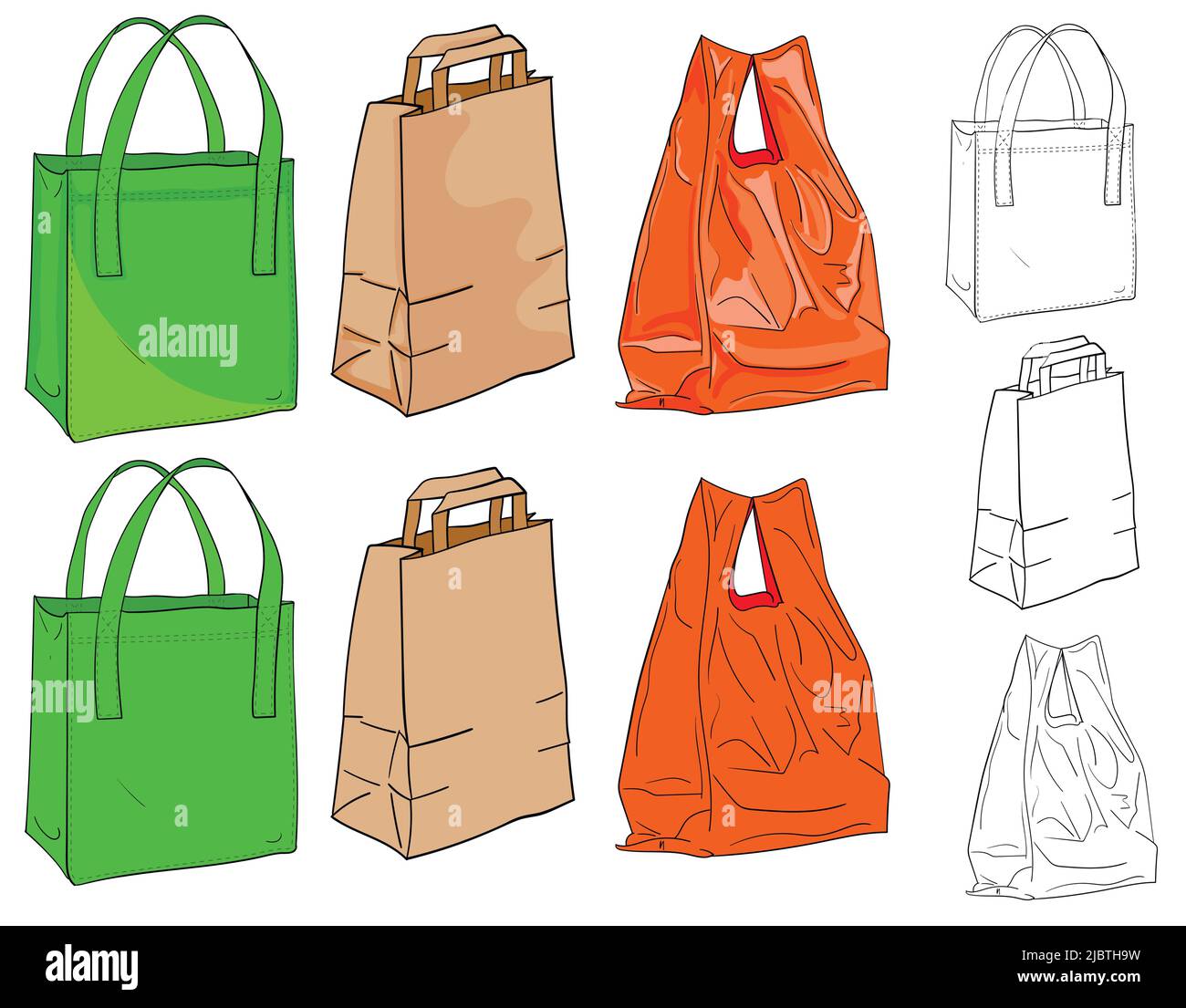 Taschen zum Einkaufen. Eine Textiltasche, eine Papiertasche und eine Plastiktüte zur Auswahl in Farbe und Schwarz-Weiß. Stock Vektor