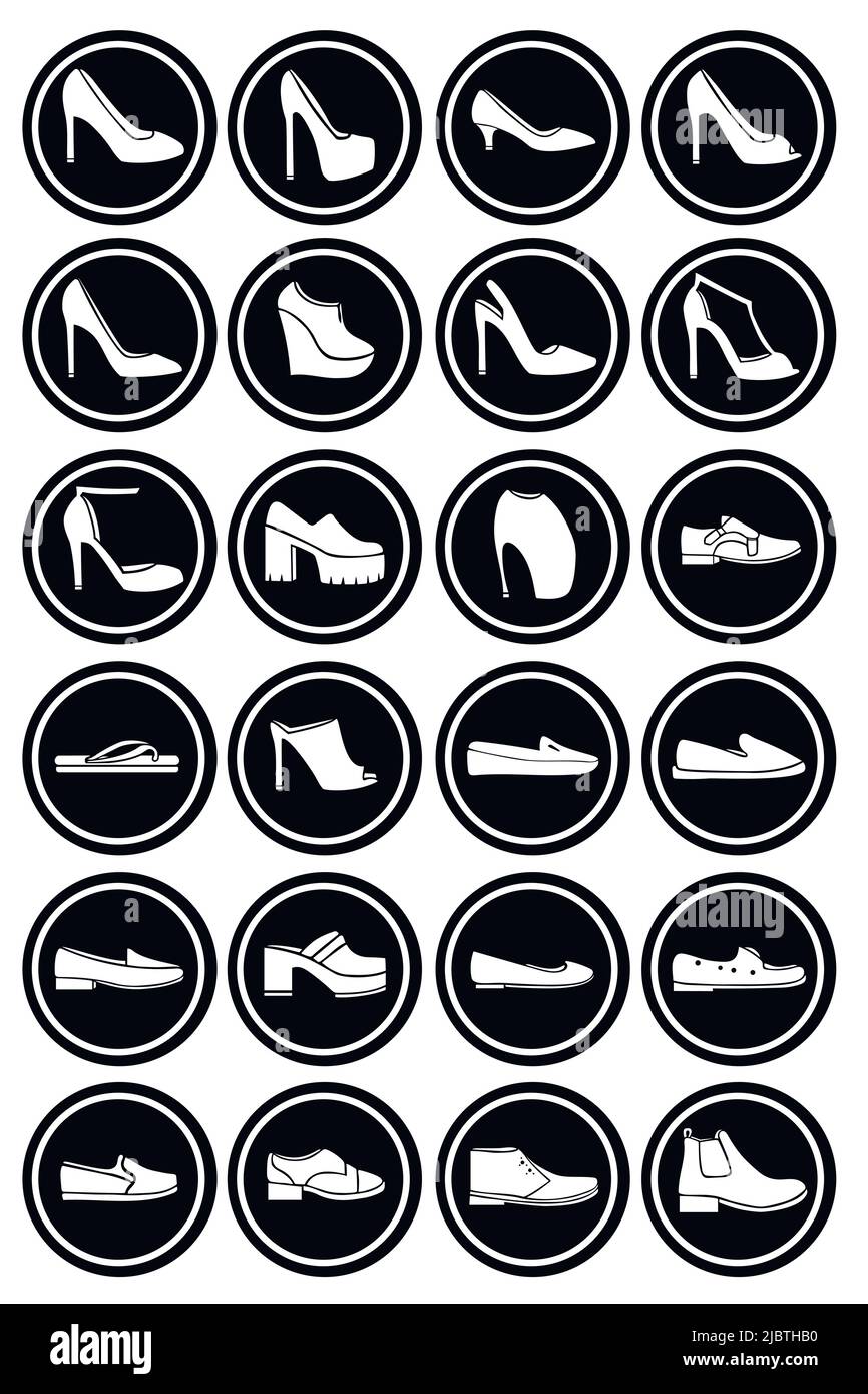 Schuhset. Stil der Schuhe ausgeführt als Symbole für Mode Web, Druck, Label. Vektorgrafik. Stock Vektor
