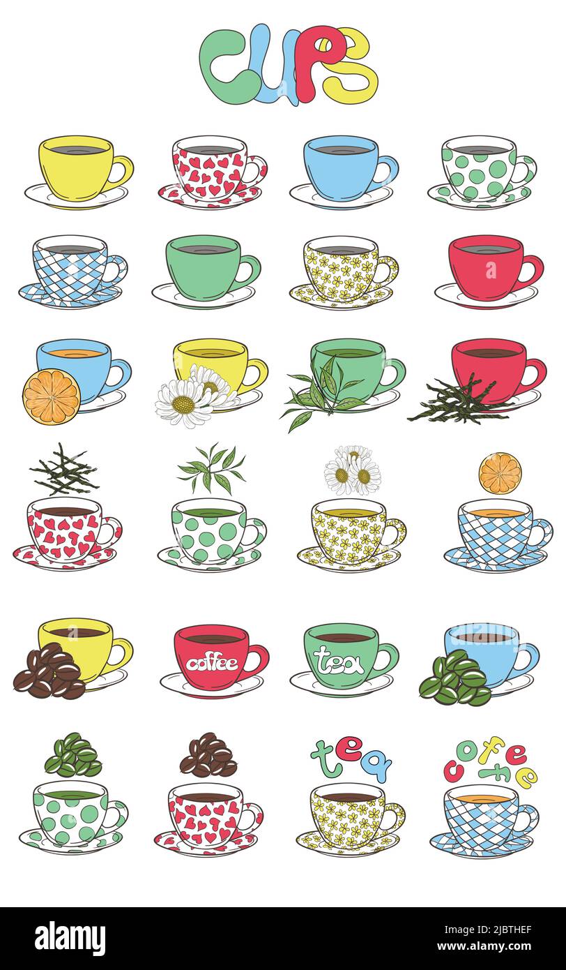 Abbildung von Tassen für Tee und Kaffee mit verschiedenen Zutaten. Für Tee- und Kaffeebars mit Menü. Vektorgrafik von Freihand gezeichnet. Stock Vektor
