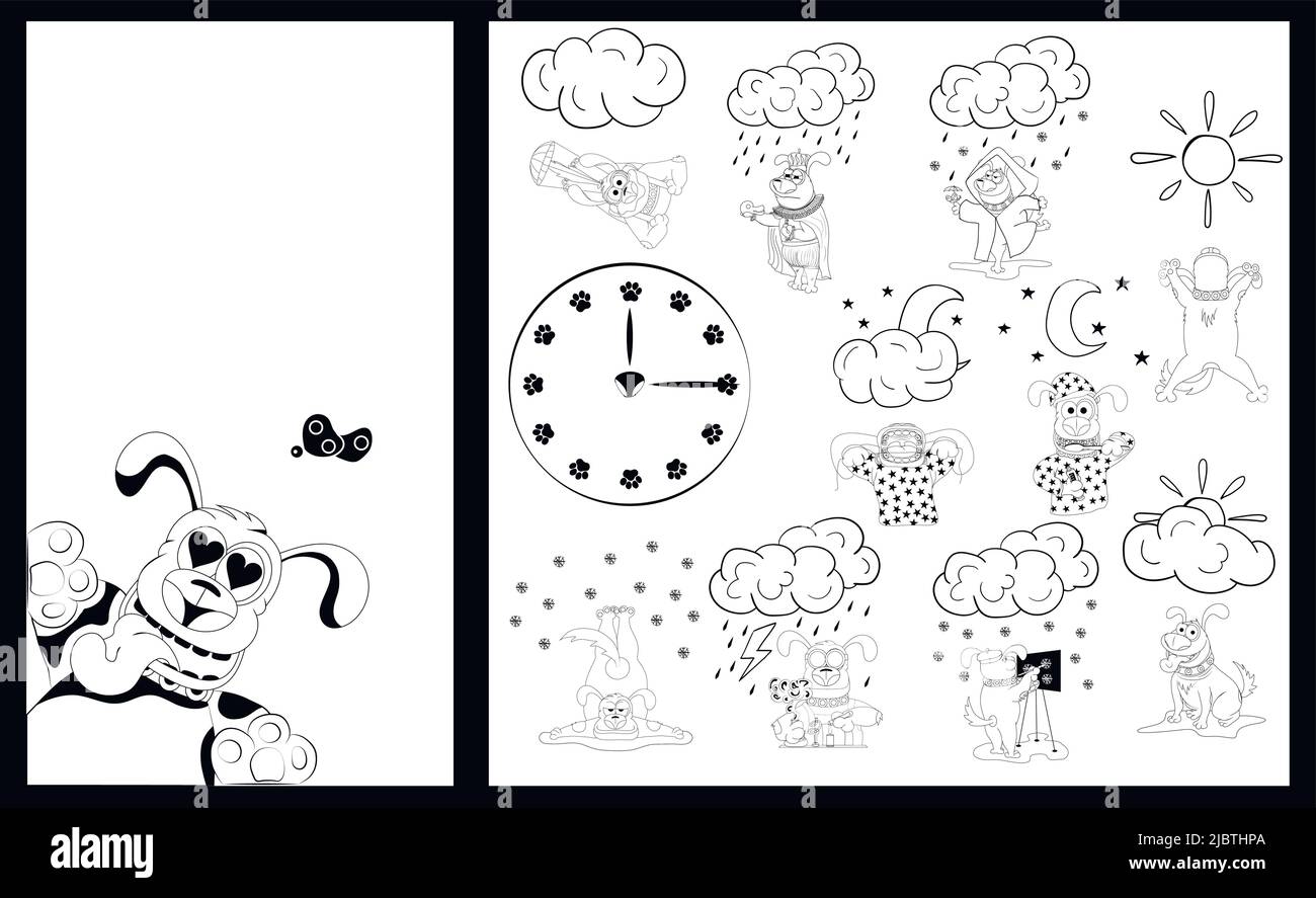 Hund auf schwarzem Hintergrund. Design für Smartphone. Hintergrund für den Hauptbildschirm, ein Zifferblatt mit Pfotenabzügen und Wettersymbolen, die in die Stimmung gebracht wurden. Stock Vektor