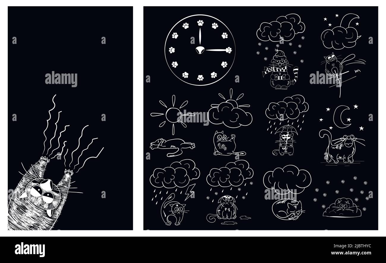 Katze auf schwarzem Hintergrund. Design für Smartphone. Hintergrund für den Hauptbildschirm, ein Zifferblatt mit Pfotenabzügen und Wettersymbolen, die in die Stimmung gebracht wurden. Stock Vektor