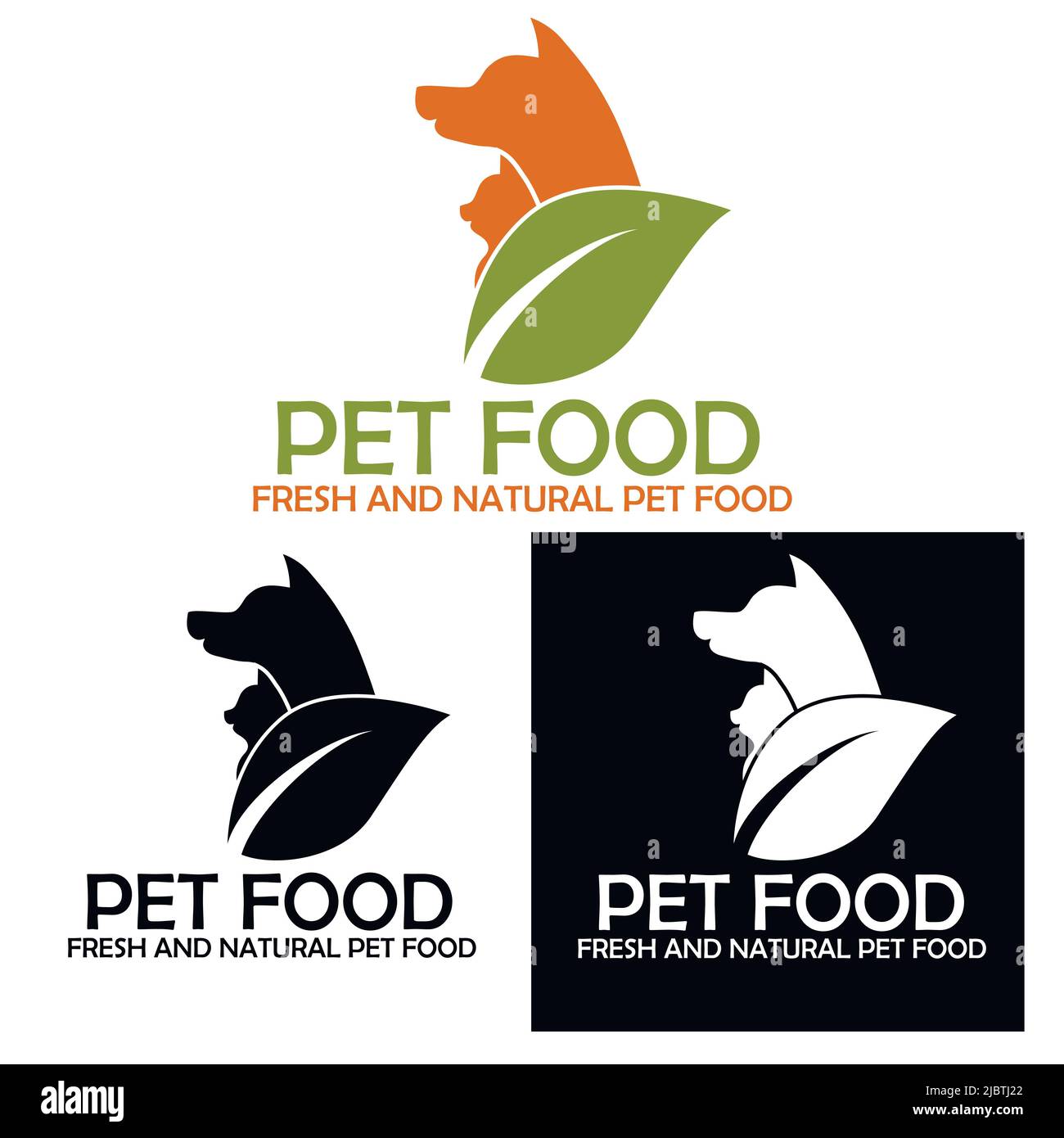 PET-Logo für umweltfreundliches, gesundes, frisches, natürliches Futter mit Silhouetten von Katze und Hund. Stock Vektor