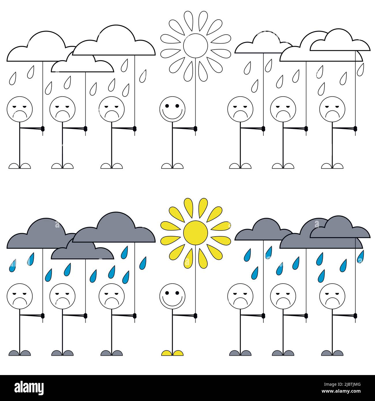 Gut gelaunt. Illustration von kleinen Männern mit traurigen Gesichtern und einem glücklichen. Eine Zeichnung, die zeigt, wie wichtig es ist, eine positive Einstellung zu haben. Stock Vektor