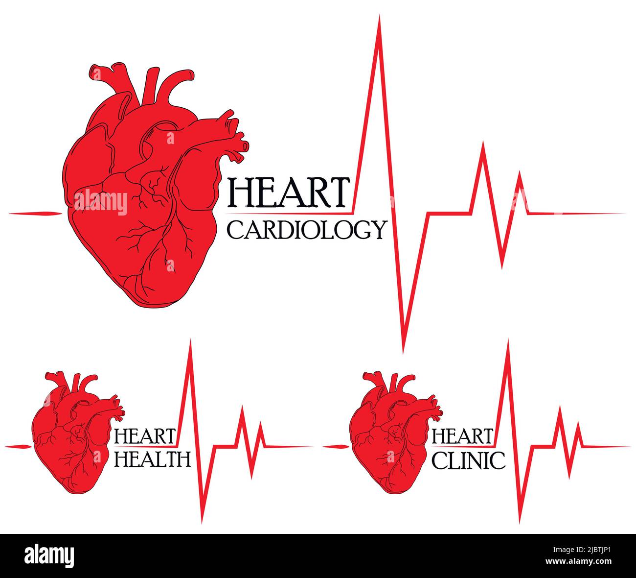 Anatomische Zeichnung des Herzens. Hintergrund für Broschüren, Broschüren, Flyer. Set von roten Herzen Symbole für Herz-Klinik und Herz-Gesundheitszentrum. Stock Vektor