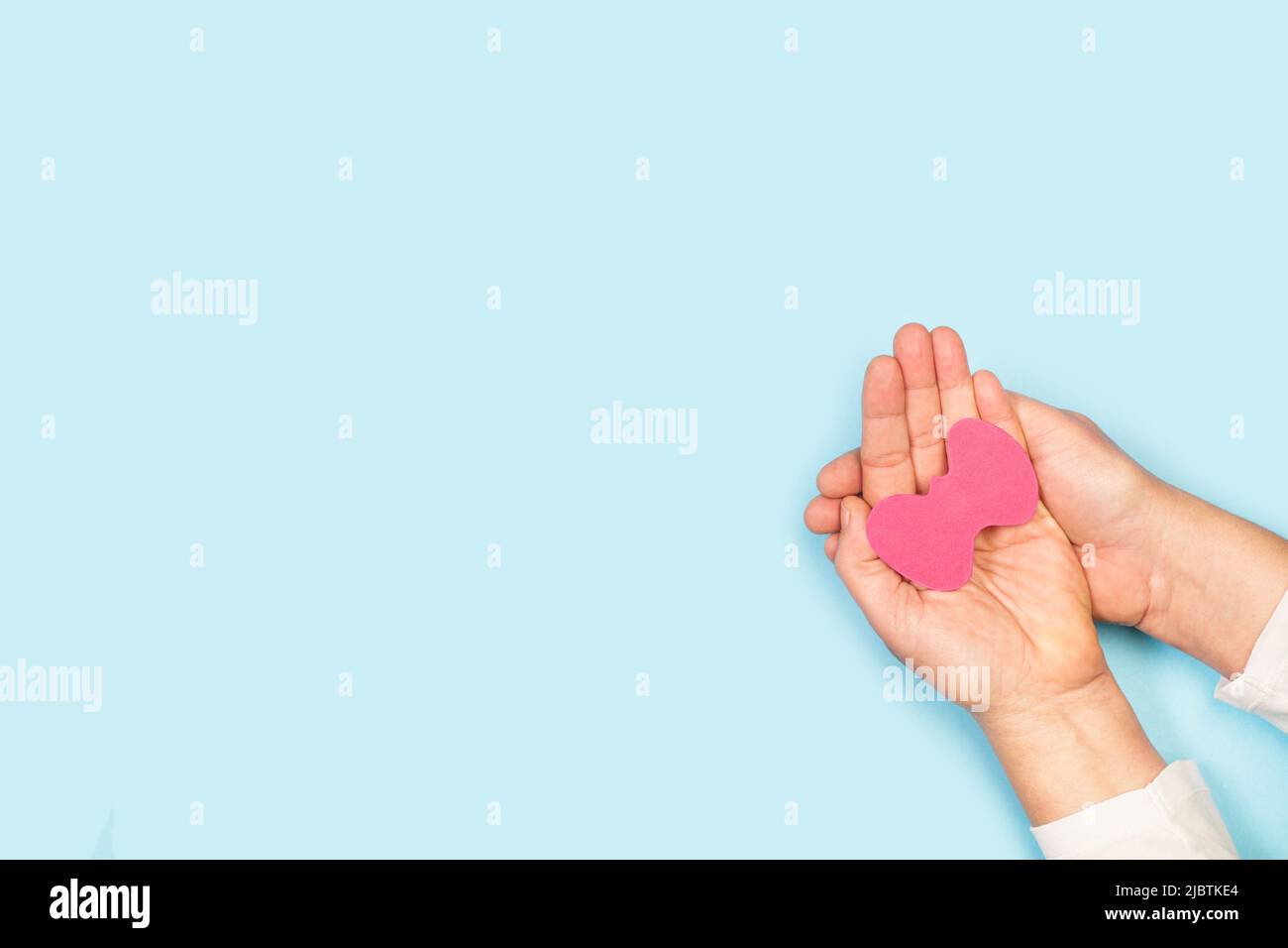 Frau Hände halten rosa Papier in Form einer Schilddrüse auf einem hellblauen Hintergrund mit Kopierraum Stockfoto