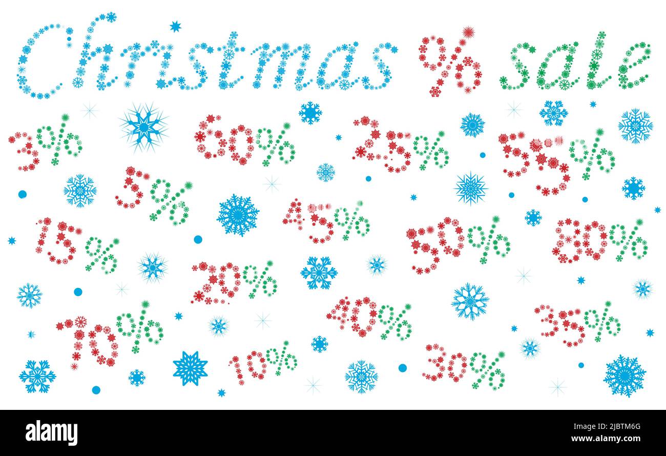Weihnachtsangebot. Vektordarstellung prozentuale Rabatte für Weihnachten und Neujahr Verkäufe. Hergestellt in Form von Schneeflocken. Stock Vektor