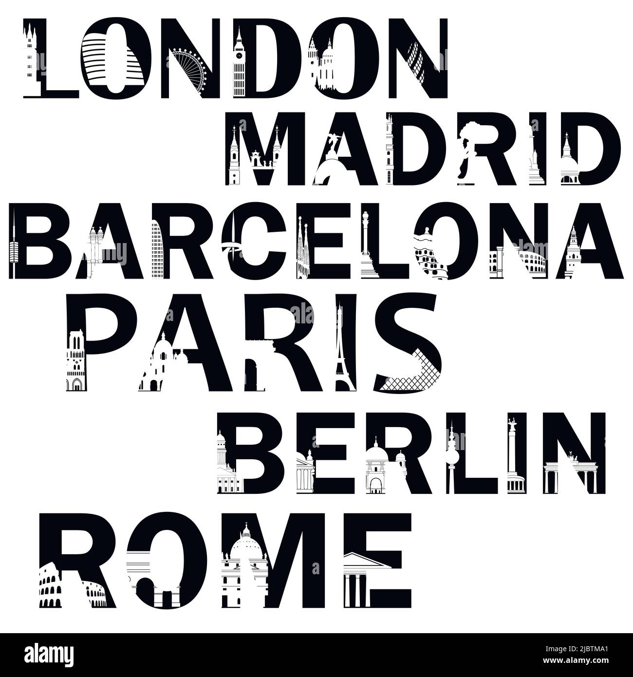 Stadtnamen in schwarzen Worten mit den Sehenswürdigkeiten. London, Madrid, Barcelona, Paris, Berlin, Rom. Stock Vektor